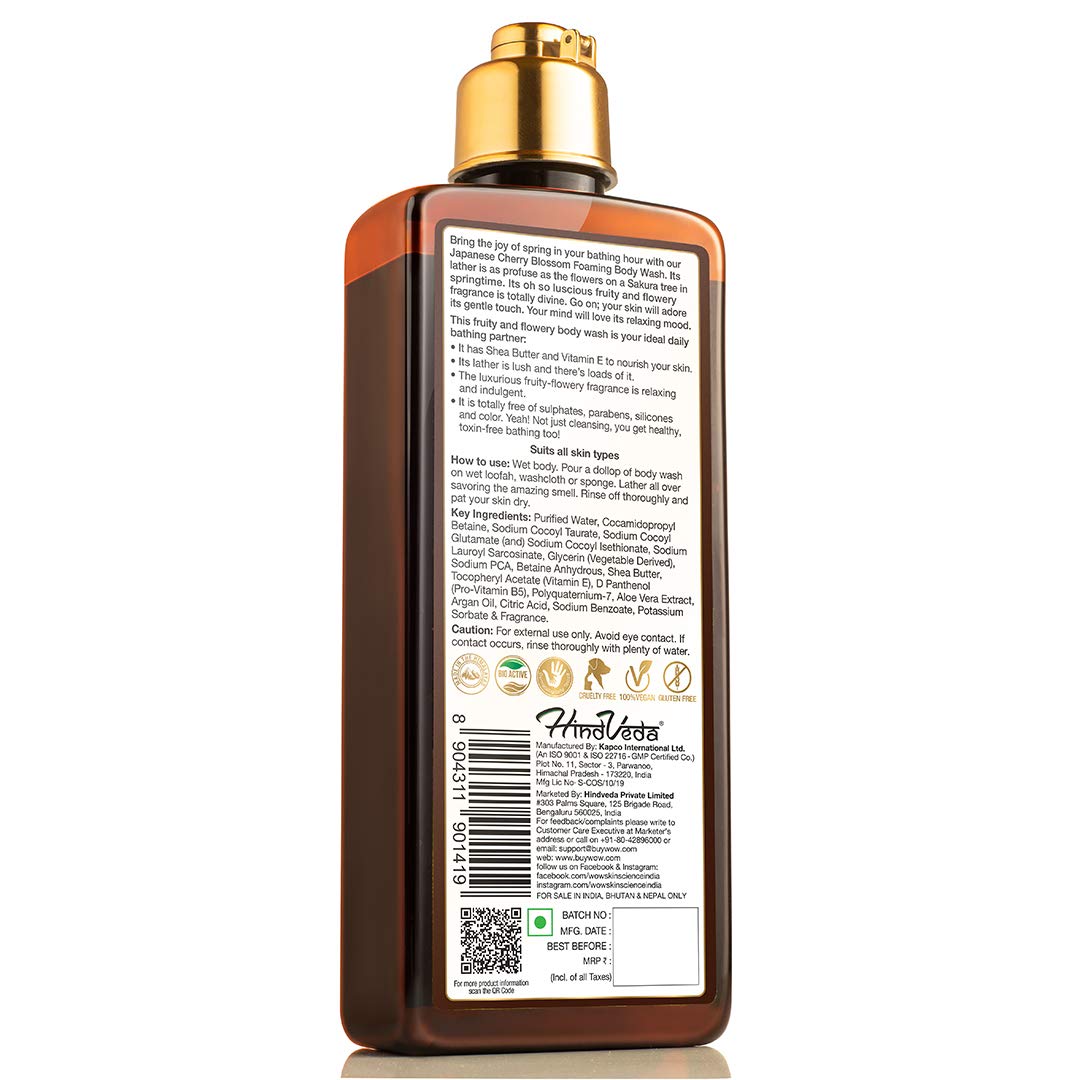 WOW Skin Science Japanese Cherry Blossom Foaming Body Wash - Sulfate Free, Paraben Free, Silicone Free & Dye Free - 250mL for Soft, Hydrated Skin - Perfect for Daily Shower & Spa Day Relaxation