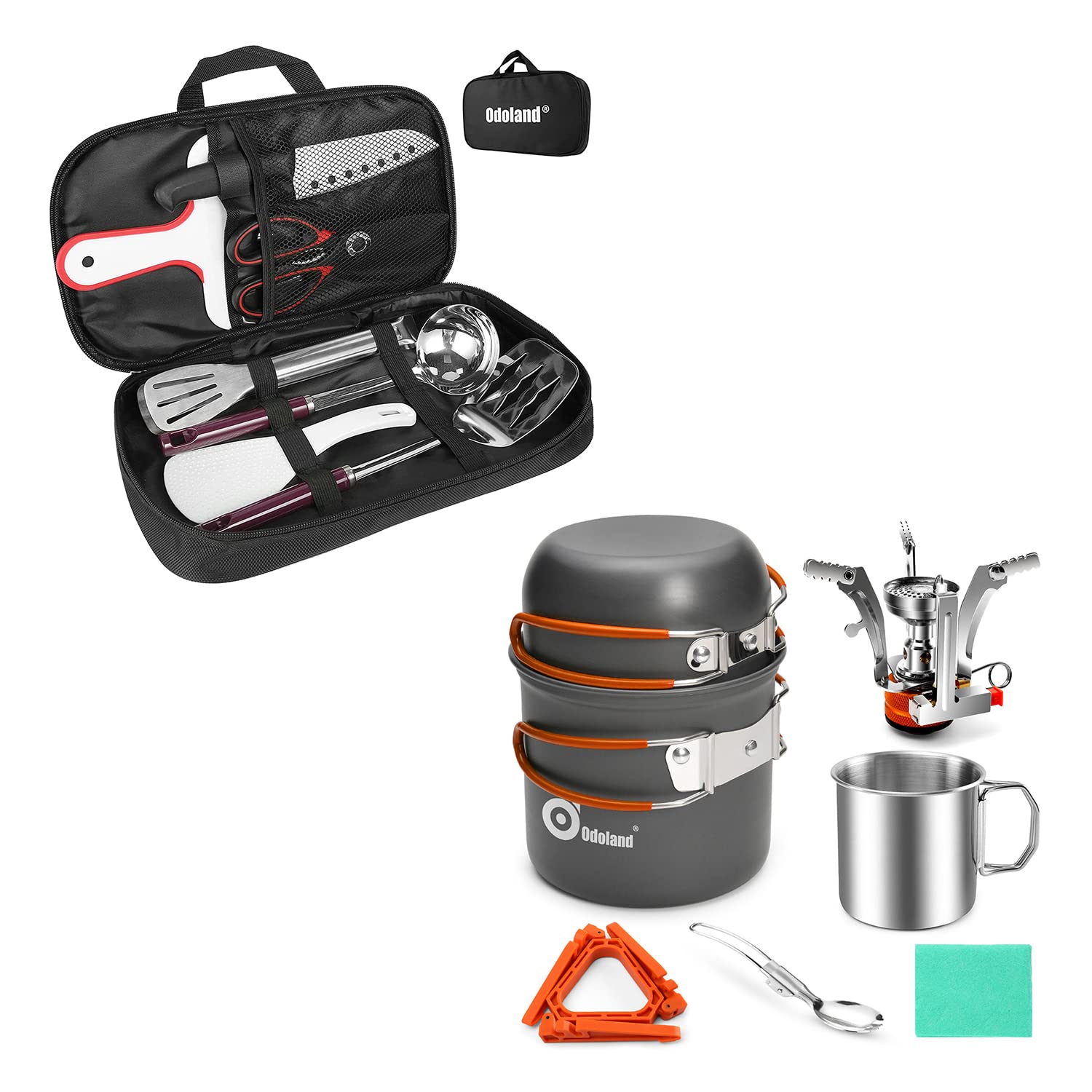 Odoland 8-Piece Camping Cookware Set with Stove, Stainless Steel Cup & Utensils - 2-in-1 Travel Cooking Kit for Outdoor Adventures, Backpacking & Picnics