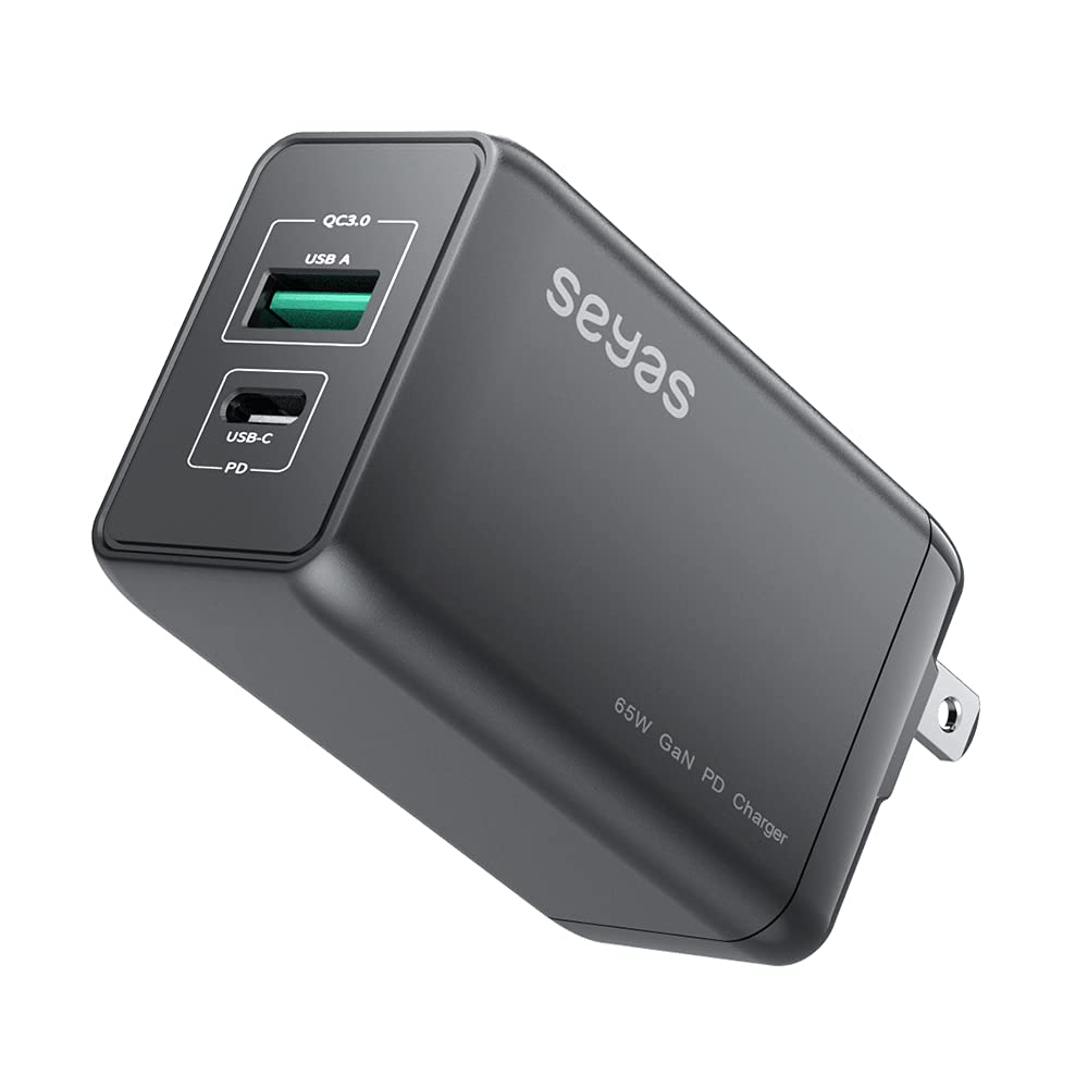 Seyas 65W USB C Fast Charger with GaN Technology & Power Delivery 3.0 - Foldable Wall Charger for iPhone 15/14/13, MacBook Pro/Air, iPad Pro, AirPods, Pixel 8/7, Galaxy S23/S22, Nintendo Switch - Perfect for Travel, Office & Home Use - Black