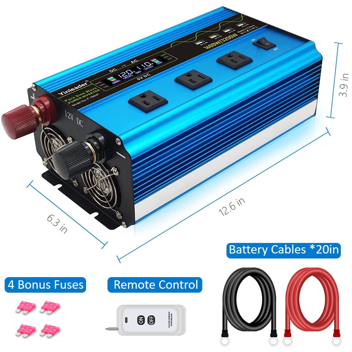 Yinleader 1600W Pure Sine Wave Power Inverter - DC 12V to AC 110V Converter with LCD Display, Wireless Remote, 3 Outlets & 4 USB Ports - Ideal for Cars, Trucks, RVs, Home Use & Charging Laptops, Phones, Appliances