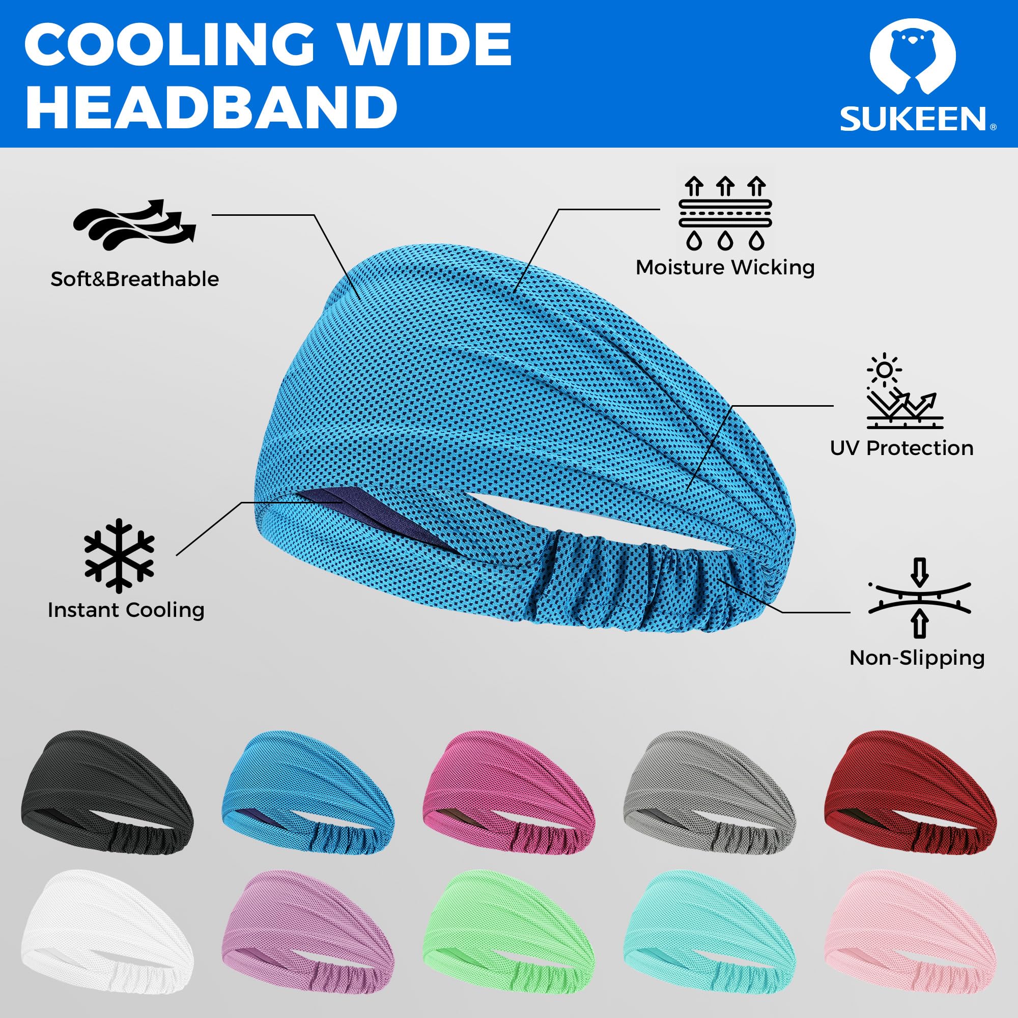 Cooling Workout Headbands for Women & Men - Stretchy Non-Slip Sweat Bands for Running, Yoga, Tennis & Gym - Moisture Wicking Sports Headwear for Active Lifestyles