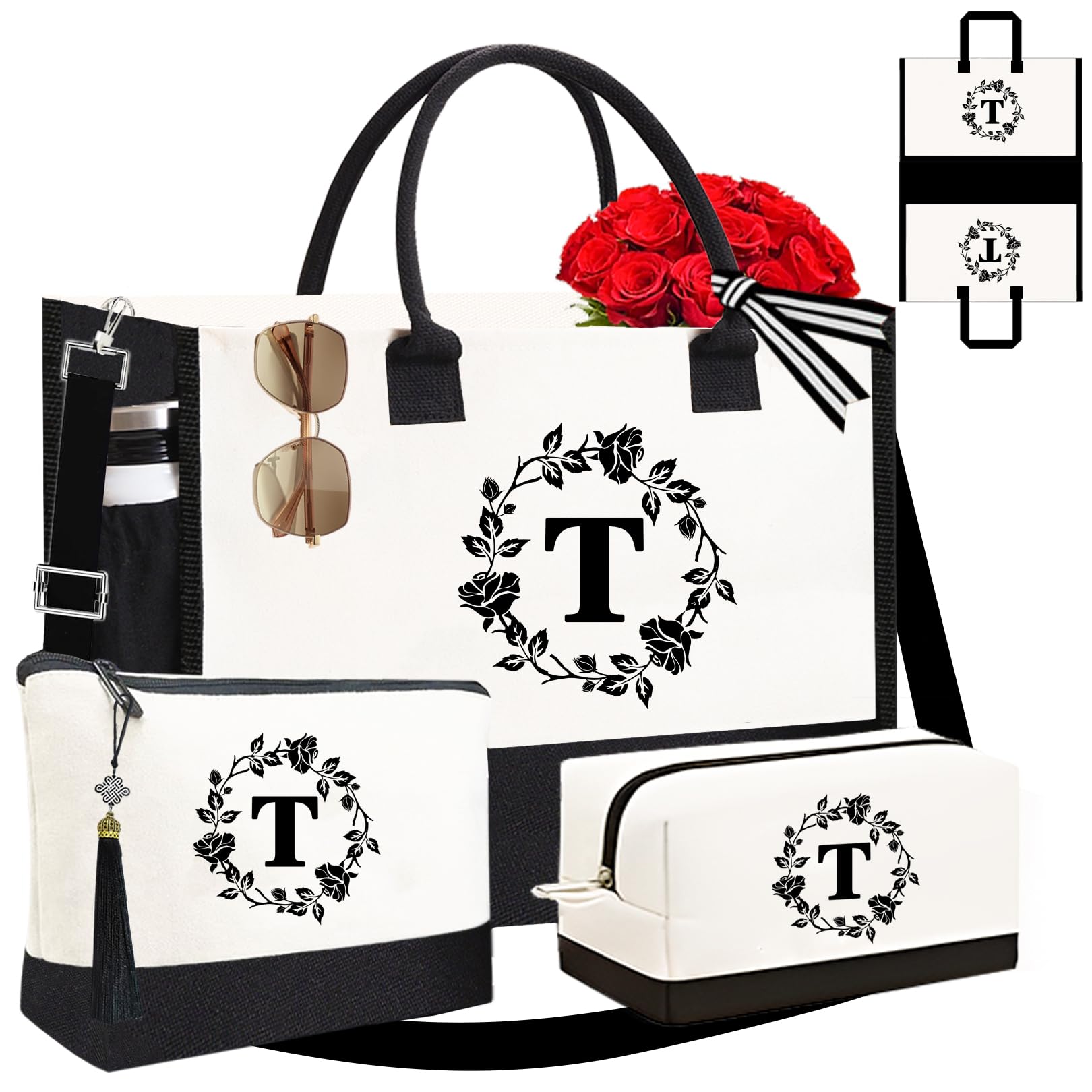 Adyoung Monogrammed Tote Bags for Women - 3PCS Personalized Initial Canvas Tote Bags Set, Custom Letter Tote Bag - Perfect Birthday Gift, Work, Shopping & Beach Day Essentials