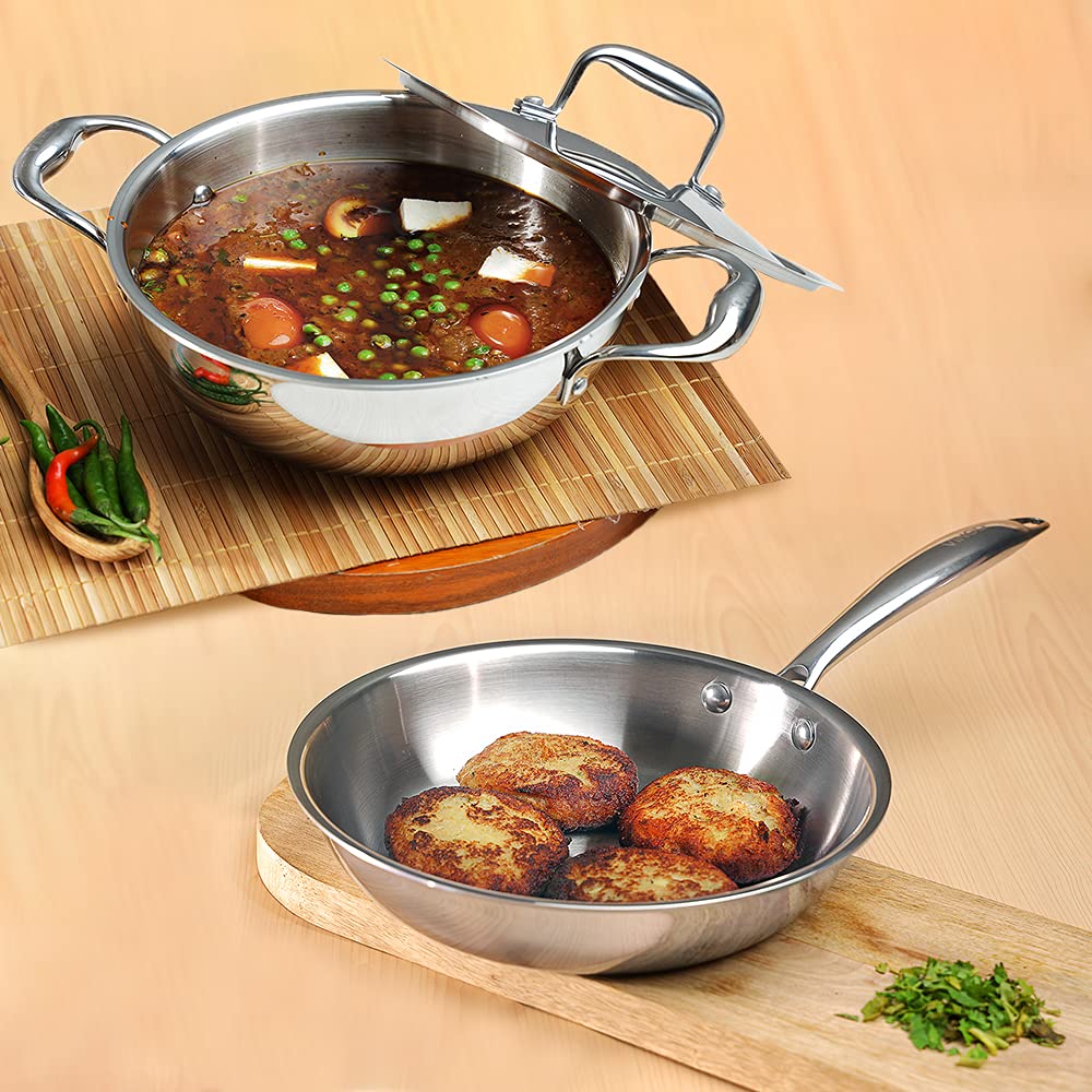 Vinod Platinum Triply Stainless Steel Cookware Set - 2 Piece Induction Base Combo (1.5L Deep Kadai with Lid & 20cm Fry Pan) | Durable 5-Year Warranty | Perfect for Indian Cooking, Stir Frying & Deep Frying | Ideal for Home Kitchens & Restaurants