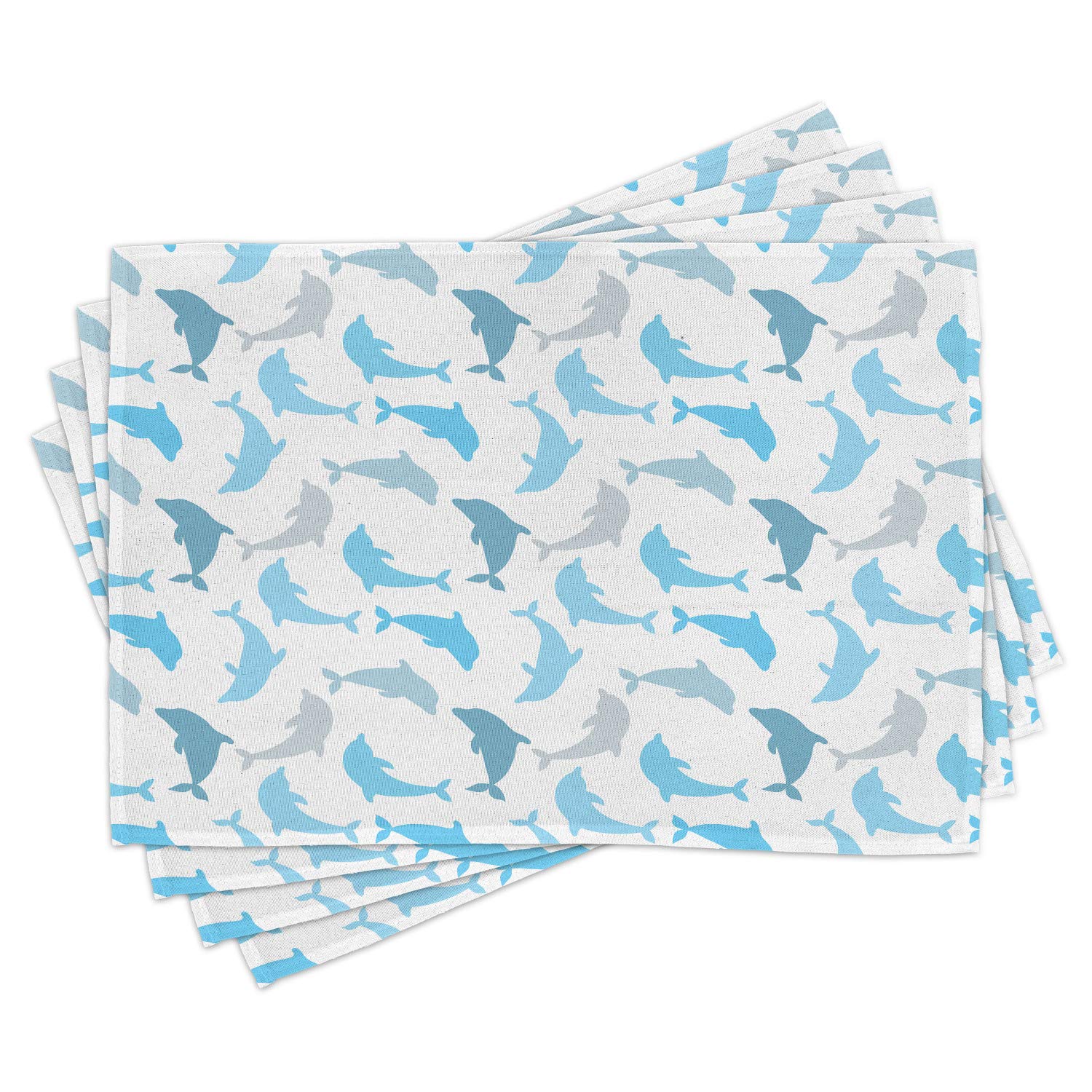 Ambesonne 4-Pack Sea Animals Place Mats Set - Dolphin, Fish, Underwater Ocean Marine Life Design, Washable Fabric Dining Table Decor for Kitchen & Dining Room - White Blue Grey - Perfect for Beach Themed Parties & Coastal Home Decor