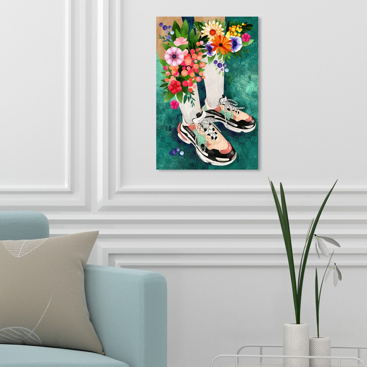 Blooming Floral Sneakers & Socks Set - Modern Green Canvas Wall Art Print for Bedroom Decor | Trendy Outfit & Home Aesthetic