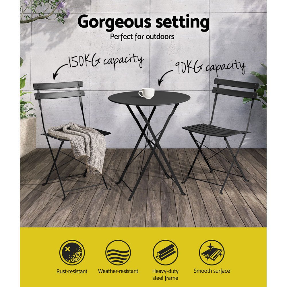 Gradeon 3-Piece Outdoor Bistro Set - Steel Patio Table and Chairs for Garden, Balcony or Backyard - Weather-Resistant Black Metal Furniture for Dining & Relaxing