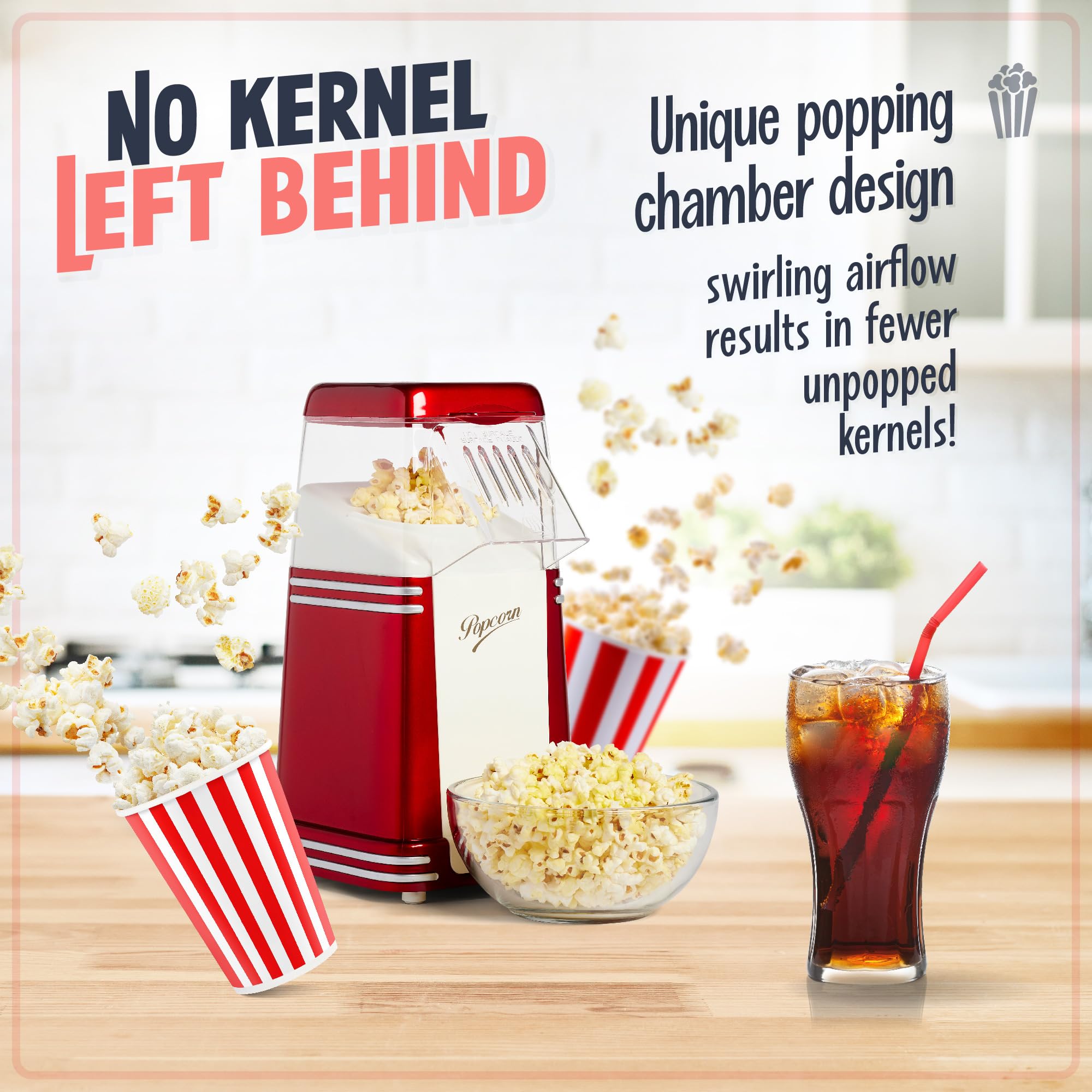 Nostalgia Hot-Air Electric Popcorn Maker Machine - 8 Cup Capacity, Oil-Free Healthy Snack Maker with Measuring Scoop, Retro Red Design for Movie Nights & Family Gatherings