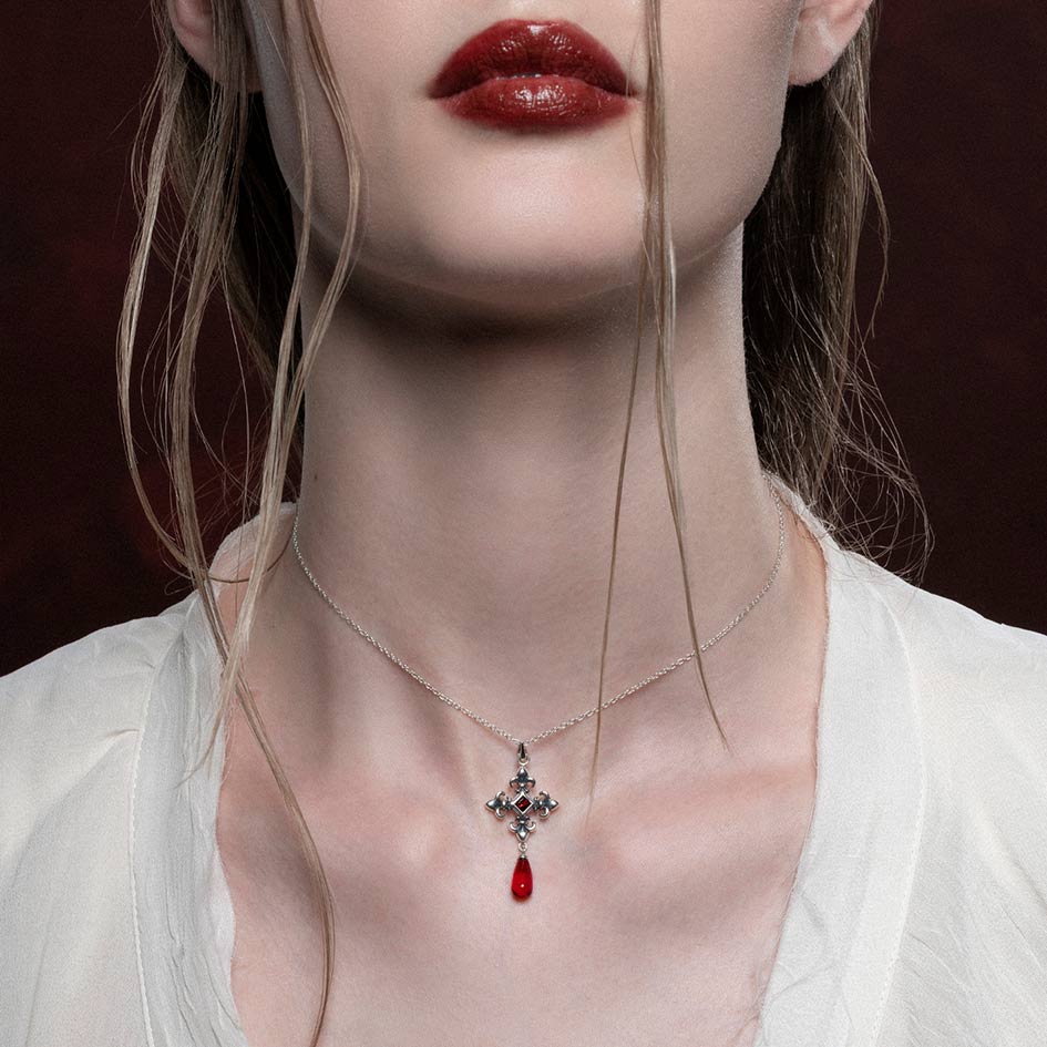 CRIMSON Fleur de Lis Garnet Silver Collar Necklace - Elegant Jewelry for Women, Perfect for Parties, Weddings & Special Occasions