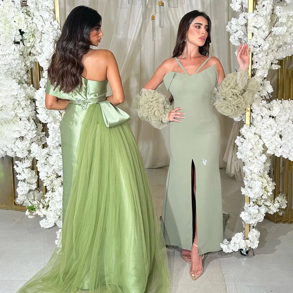 Serene Hill Sage Green Satin One Shoulder Beaded Mermaid Tea Length Evening Gown for Women - Wedding Party Guest Dress, Prom, Cocktail, Formal Events - LA72194