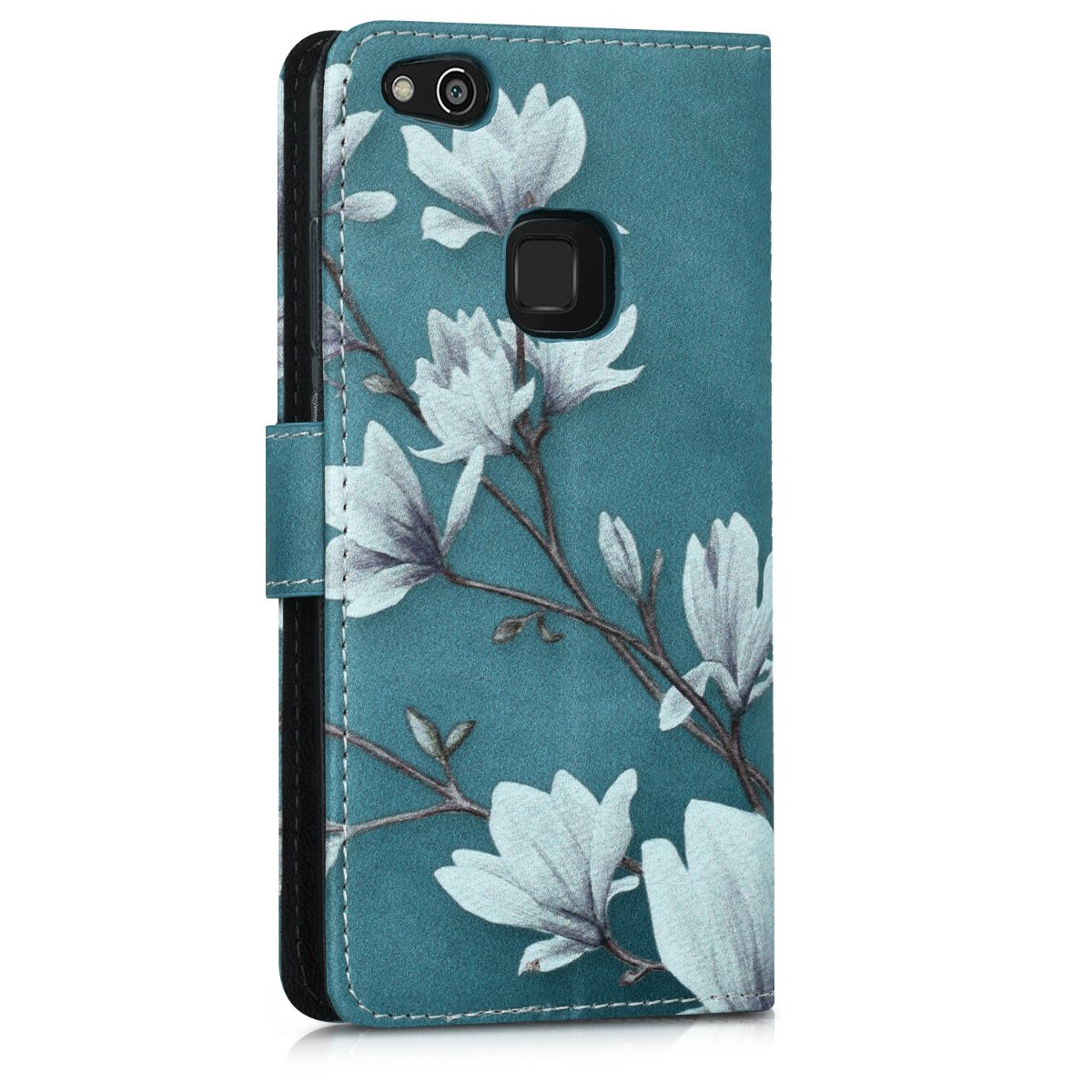 kwmobile Wallet Case Compatible with Huawei P10 Lite - Slim PU Leather Phone Cover with Card Slots & Magnetic Closure (Magnolias Taupe/White/Blue Grey) - Perfect for Work, Travel & Daily Use