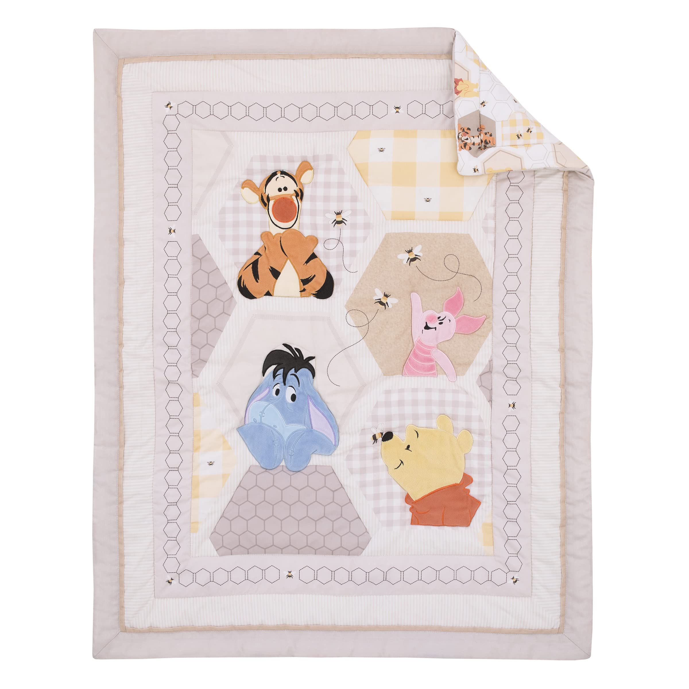 Disney Winnie The Pooh 3-Piece Crib Bedding Set - 100% Cotton Comforter, Fitted Sheet & Skirt with Piglet, Tigger & Eeyore | Grey White Tan Patchwork Nursery Decor | Perfect for Baby Shower Gifts & Cozy Nursery Themes