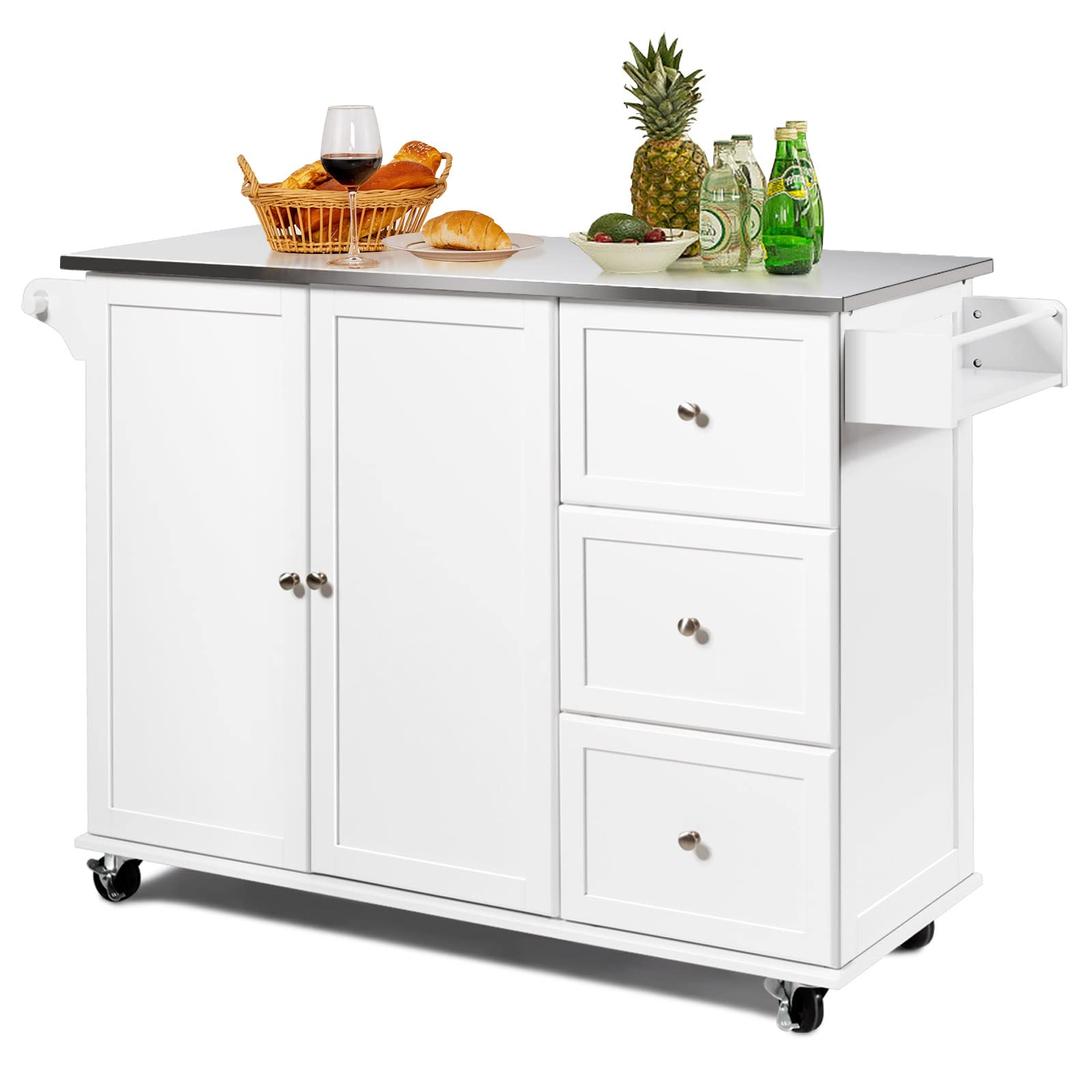 GOFLAME Stainless Steel Kitchen Island Cart with Wheels - Mobile Kitchen Cart with Storage Shelves & Towel Rack - Rolling Kitchen Trolley for Dining Room, Home Kitchen & Restaurant Use (White) - Perfect for Food Prep, Serving & Extra Counter Space