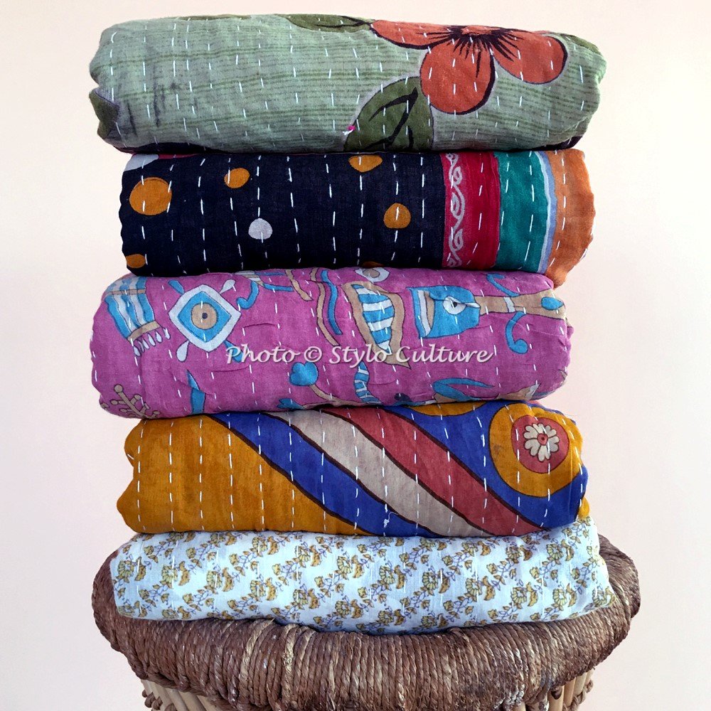 Handmade Indian Recycled Sari Blankets - Twin Size Kantha Quilts, Vintage Bengali Gudri & Ralli Blankets (Set of 5) - Eco-Friendly Home Decor for Bedroom, Sofa or Bohemian Style Living Room
