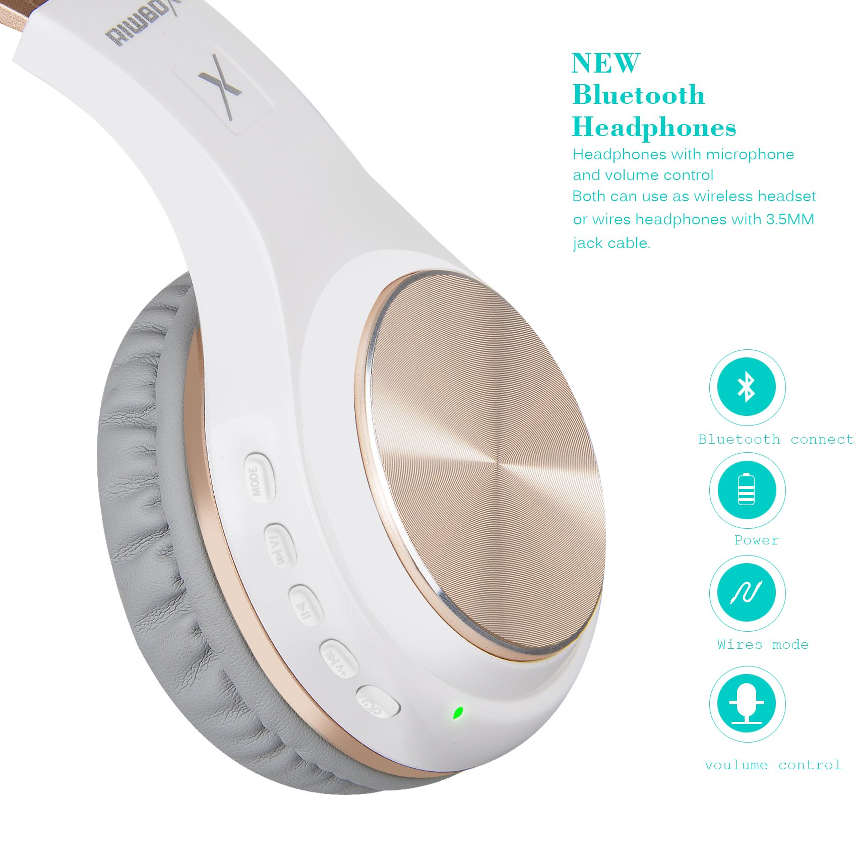 Riwbox XBT-80 Foldable Wireless Bluetooth Headphones Over Ear with Mic & Volume Control - Stereo Sound for PC, Phone, TV, iPad (White Gold) - Perfect for Gaming, Travel & Work from Home