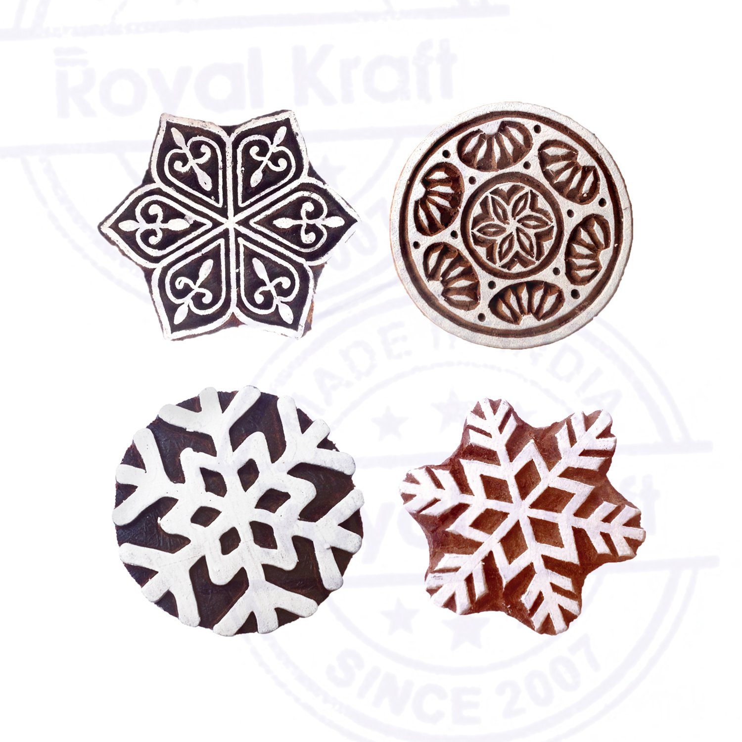 Creative Round Snowflake Design Wooden Printing Stamps - Set of 4 Handcrafted Rubber Stamps for DIY Scrapbooking, Card Making, Gift Wrapping & Holiday Crafts