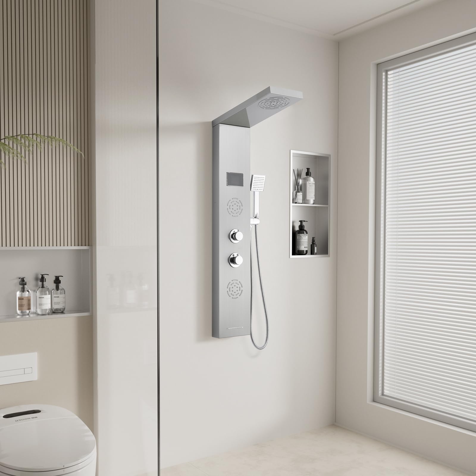 POPFLY LED Shower Panel Tower System with Rainfall Shower Head, 2 Body Jets, Tub Spout & Temperature Display - Brushed Nickel Finish - No Battery Needed - Perfect for Modern Bathroom Renovation and Spa-Like Shower Experience