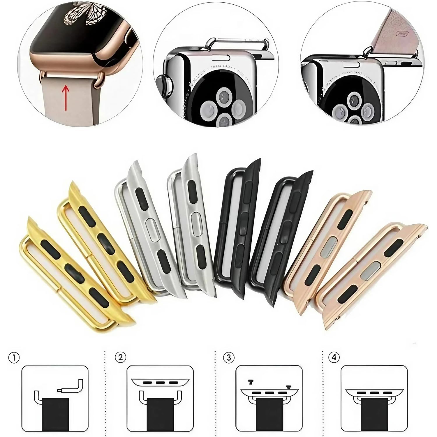 LOOKSEVEN 4 Pairs Watch Band Connector Kit - Replacement Watch Strap Adapter with Tools for Apple Watch, Samsung, Fitbit - Perfect for DIY Watch Repair & Strap Customization