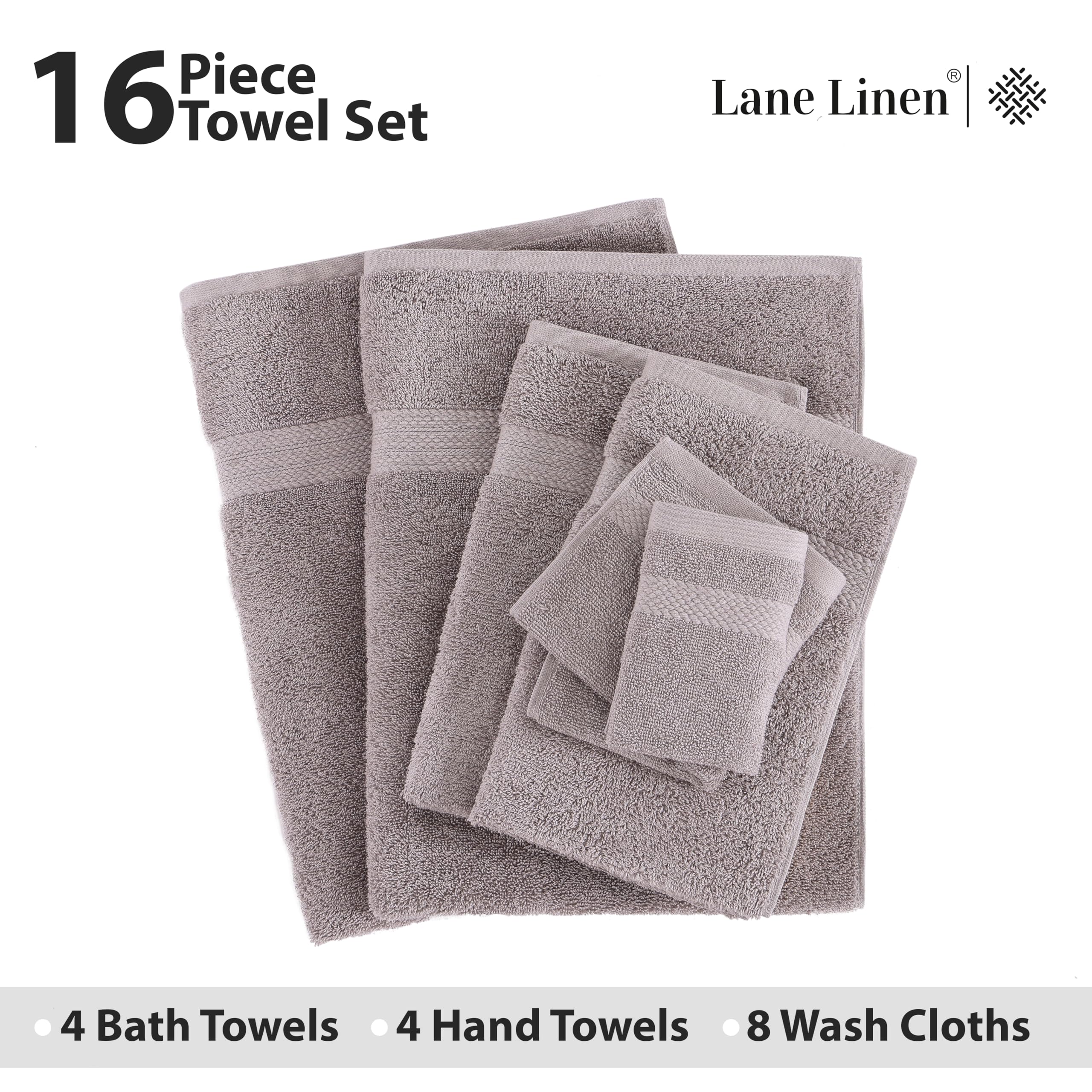 Luxury 16-Piece Bath Towel Set - 100% Premium Cotton, Ultra Absorbent Bathroom Towels, Soft Face & Hand Towels (4 Bath, 4 Hand, 8 Washcloths) - Platinum - Perfect for Spa, Hotel & Home Bathroom Luxury