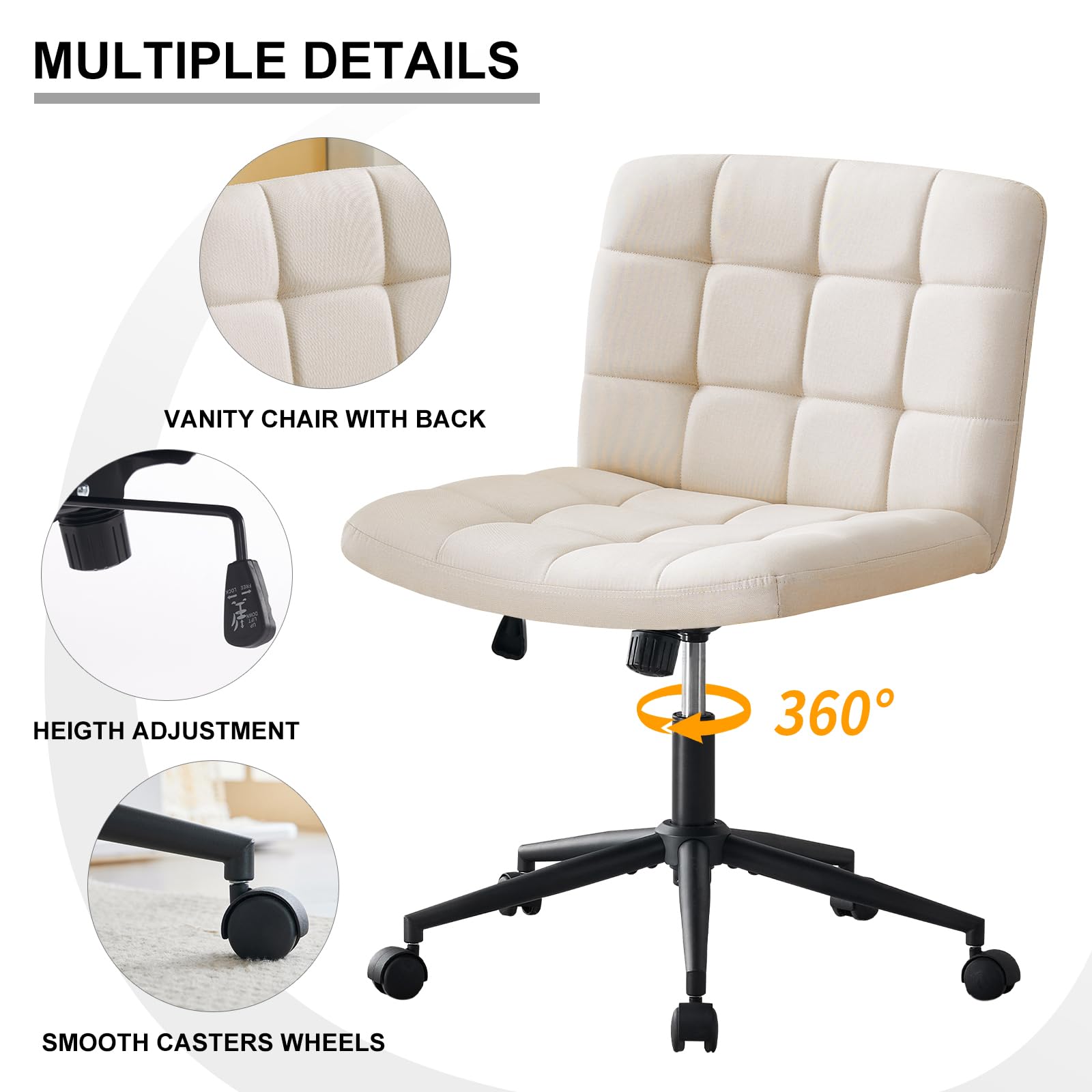 Furnimart Swivel Criss Cross Legged Office Chair with Wheels - Adjustable Height Armless Desk Chair for Home Office, Vanity & Bedroom - Comfortable Beige Seat for Working, Studying & Relaxing