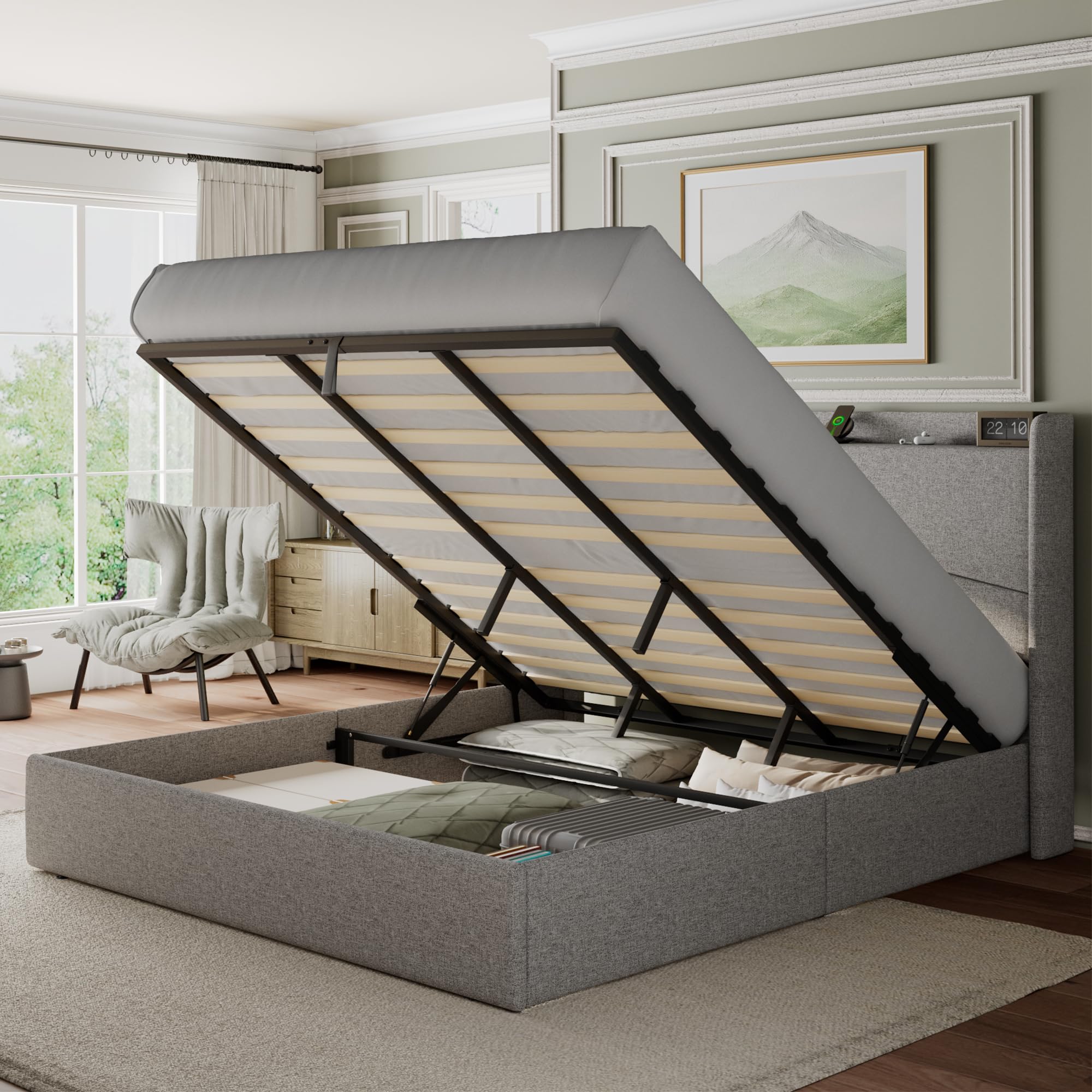 **King Size Lift Up Storage Bed Frame with USB Charging Station - Upholstered Wingback Platform Bed with Hydraulic Storage, Wooden Slat Support, No Box Spring Needed, Noise-Free, Light Gray - Perfect for Small Bedrooms, Guest Rooms & Modern Apartments**