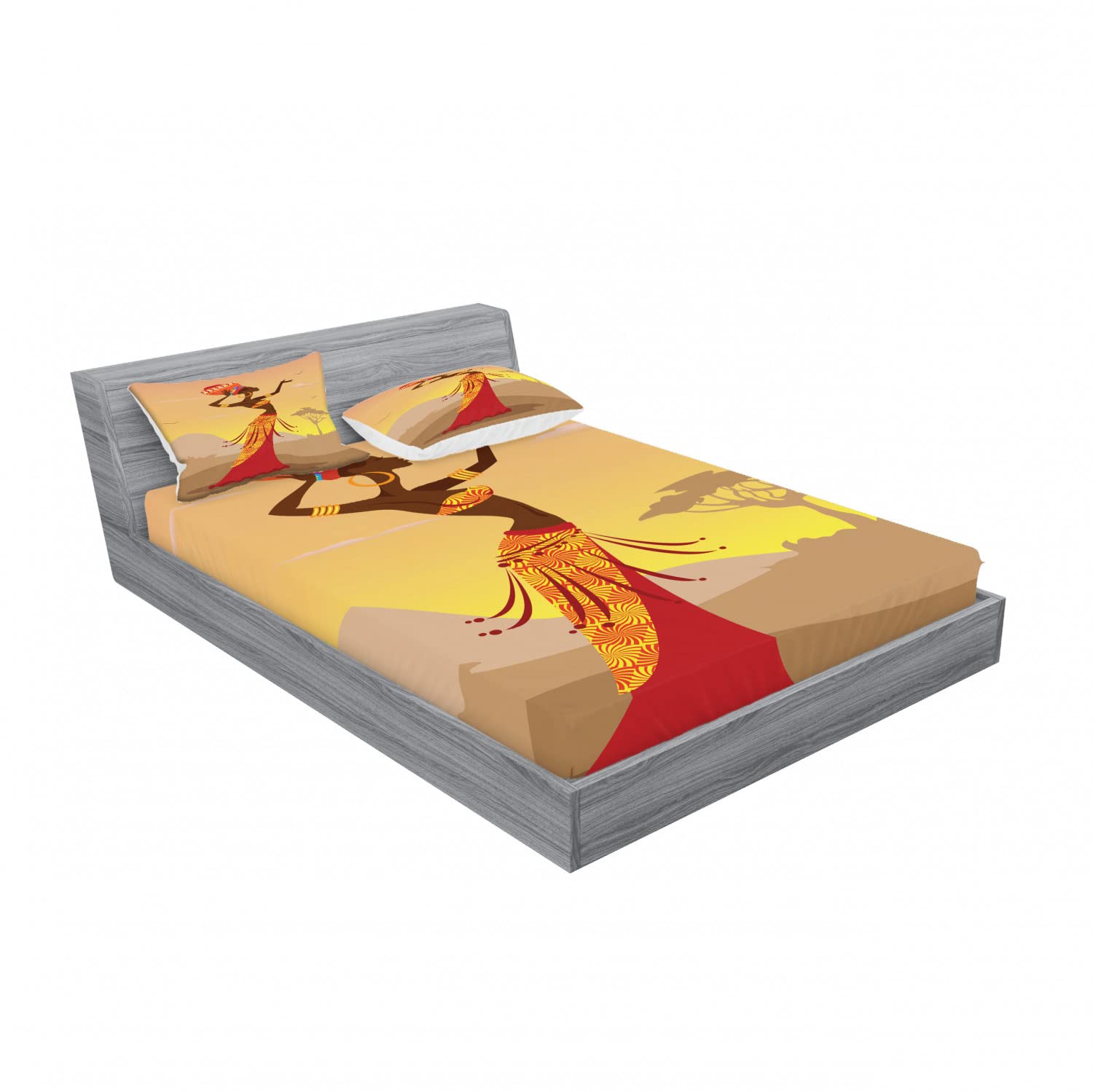 Ambesonne 2-Pack Queen Size Fitted Sheet & Pillow Sham Set - Desert Gulls Folkloric Pattern Bedding Decor (4-Piece Set: 2 Fitted Sheets + 4 Pillow Covers) in Amber Tan - Perfect for Bohemian Bedroom, Guest Room & Vacation Home Decor