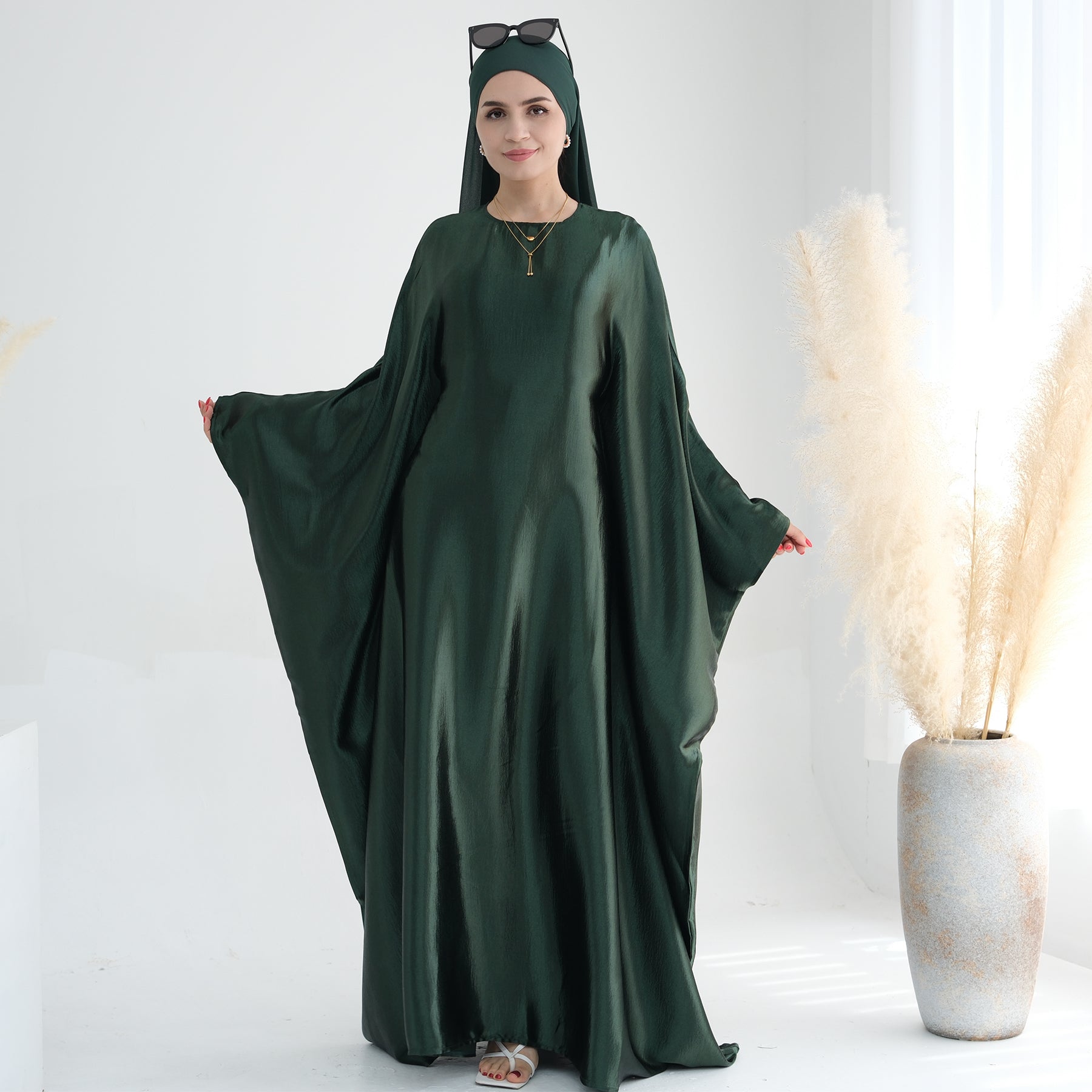 Elegant Alisha Butterfly Satin Abaya Dress for Women - Modest Islamic Prayer Gown - Perfect for Eid, Ramadan, and Special Occasions