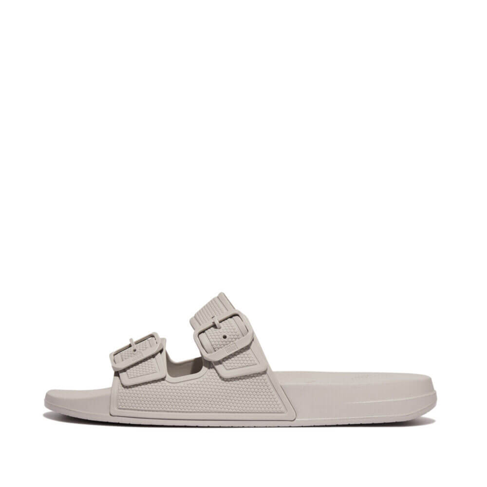 FitFlop Men's Iqushion Two Bar Buckle Slides - Comfortable Sandals for Walking & Casual Wear - Clay Grey Color | Perfect for Beach, Poolside & Summer Outfits