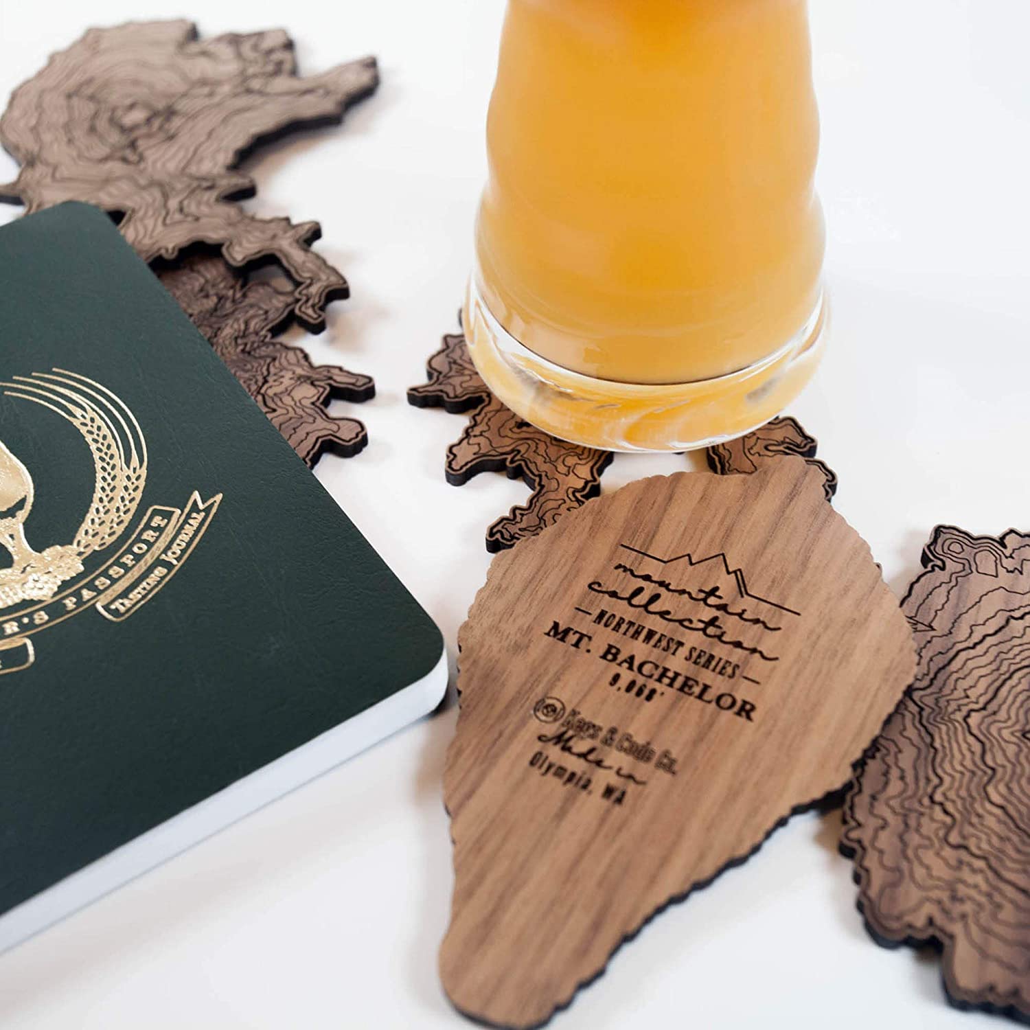 Premium Wooden Coasters Set - Handcrafted Walnut Drink Coasters Featuring Mt. Rainier, Mt. Hood & Other Pacific Northwest Mountains - USA Made Home Bar & Dining Table Decor for Wine, Coffee & Cocktail Parties