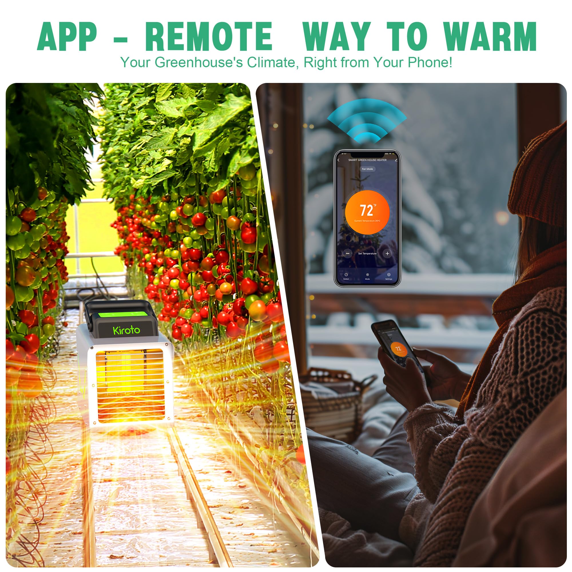 1500W Smart Greenhouse Heater with Thermostat & APP Remote Control - Portable Electric Heater for Plants, Vegetables, Flowers - Safe Indoor/Outdoor Use for Greenhouses, Grow Tents, Garages, Sheds & Winter Plant Protection