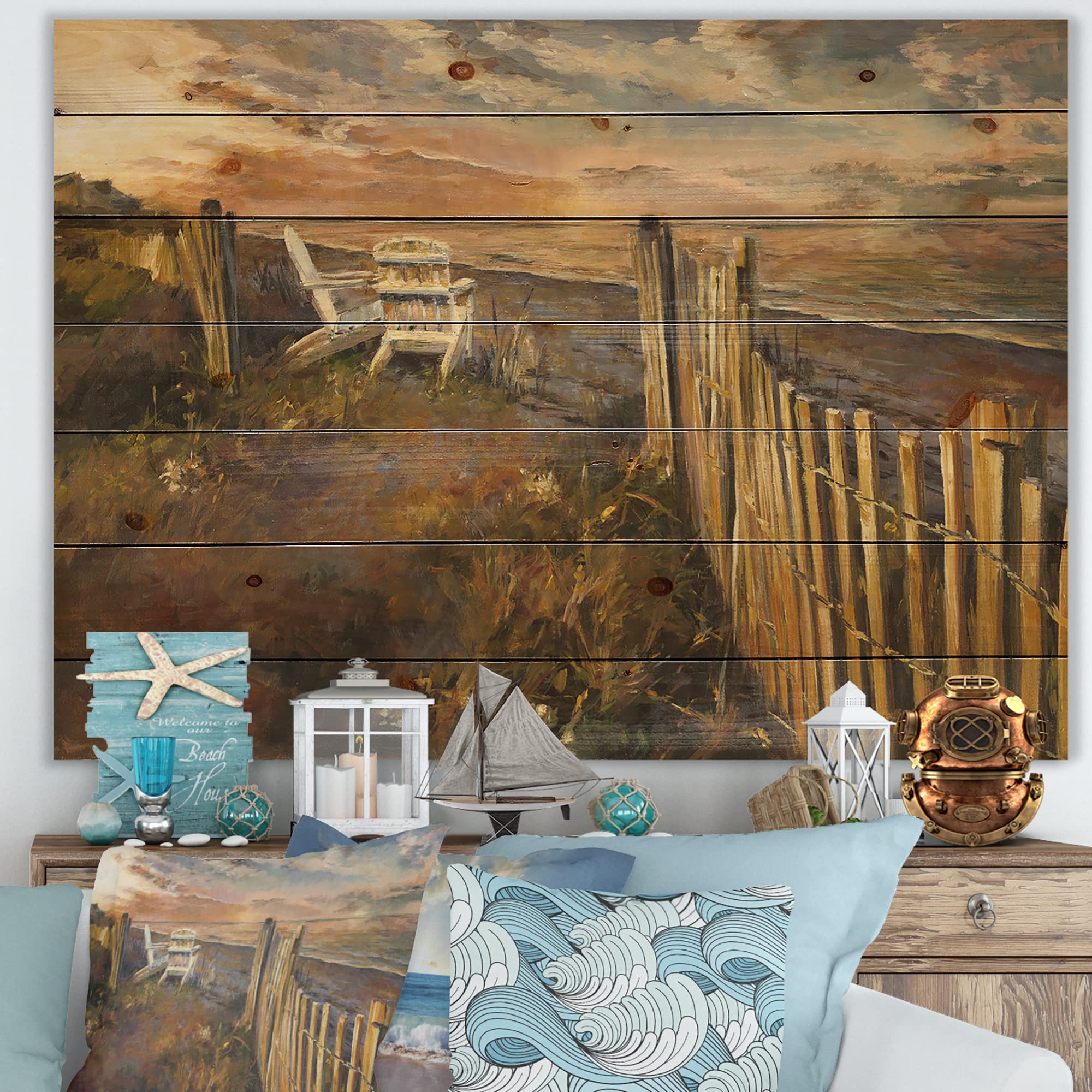 DesignQ Dunes Sunset Nautical Coastal Wood Wall Art - Brown Beach Wood Wall Decor, Large Natural Pine Wood Panel with Ocean Theme - Perfect for Living Room, Bedroom & Beach House Decor