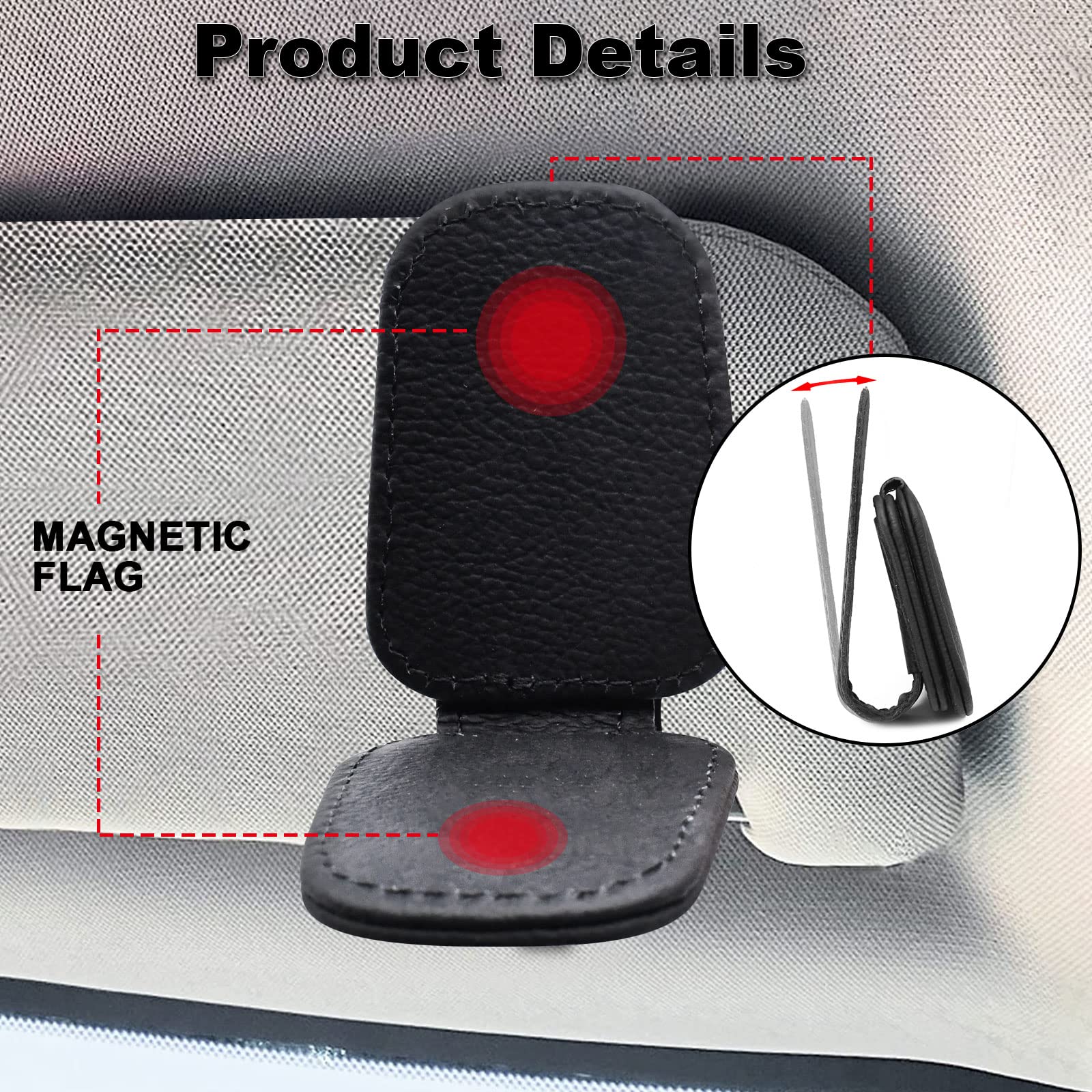 2 Pack Magnetic Leather Car Visor Sunglass Holder - Black Eyeglass Hanger Clip for Car Sun Visor | Perfect for Road Trips, Commuting & Keeping Sunglasses Organized While Driving