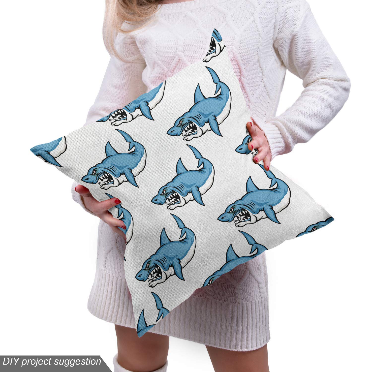 Ambesonne Sea Animals Fabric by The Yard - Fierce Predator Wild Shark Swimming with Sharp Teeth Bite Nautical Theme Pattern - Decorative Upholstery Fabric for Sofa, Curtains, Pillows - 1 Yard White Blue Home Decor Fabric - Perfect for Coastal Themed Living Rooms, Beach House Decor, Ocean Inspired Bedrooms