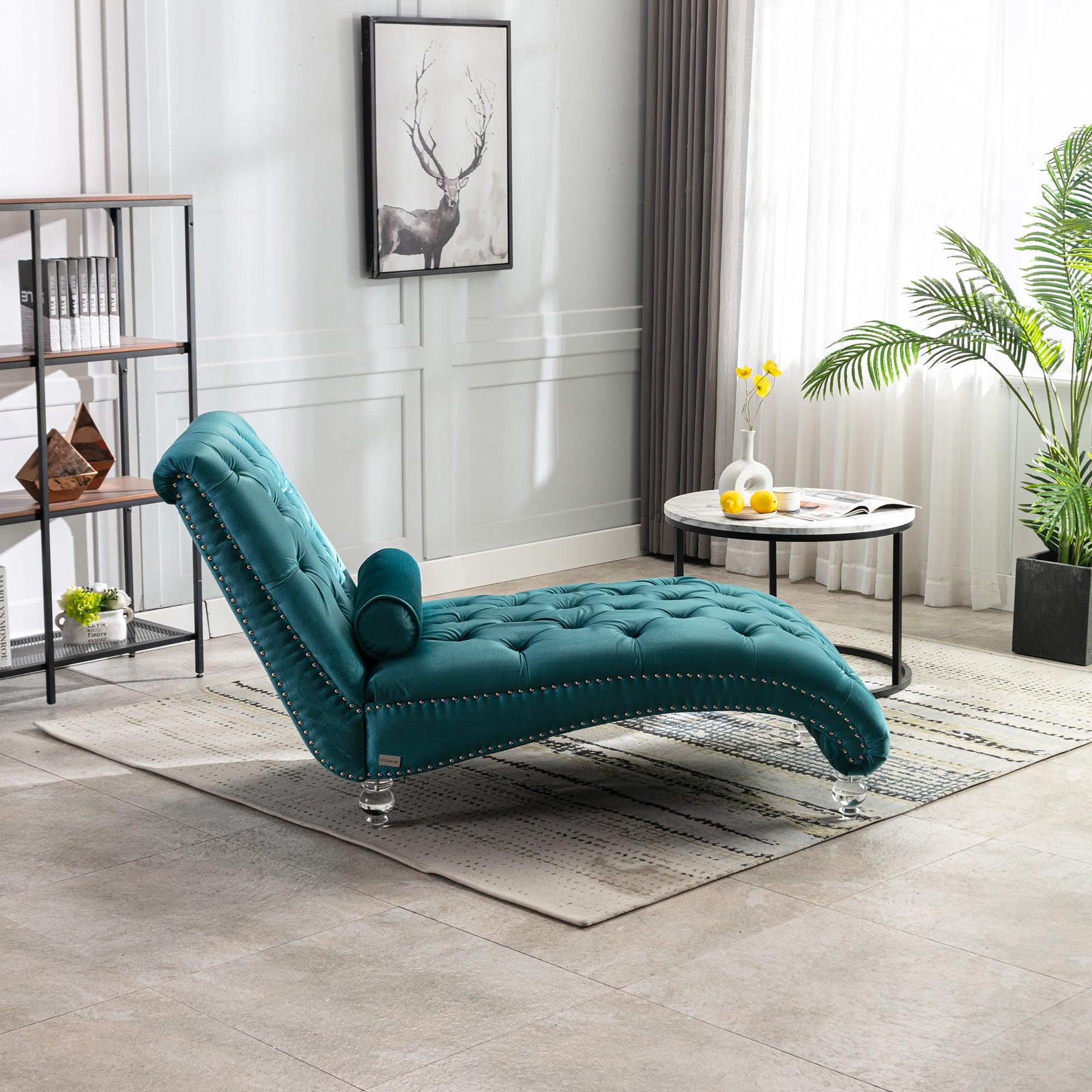 Luxury COOMORE Velvet Chaise Lounge Chair - Button Tufted Upholstered Sofa with Pillow for Bedroom, Living Room & Office - Teal Velvet - Perfect for Reading Nook, Lounge Area & Home Decor