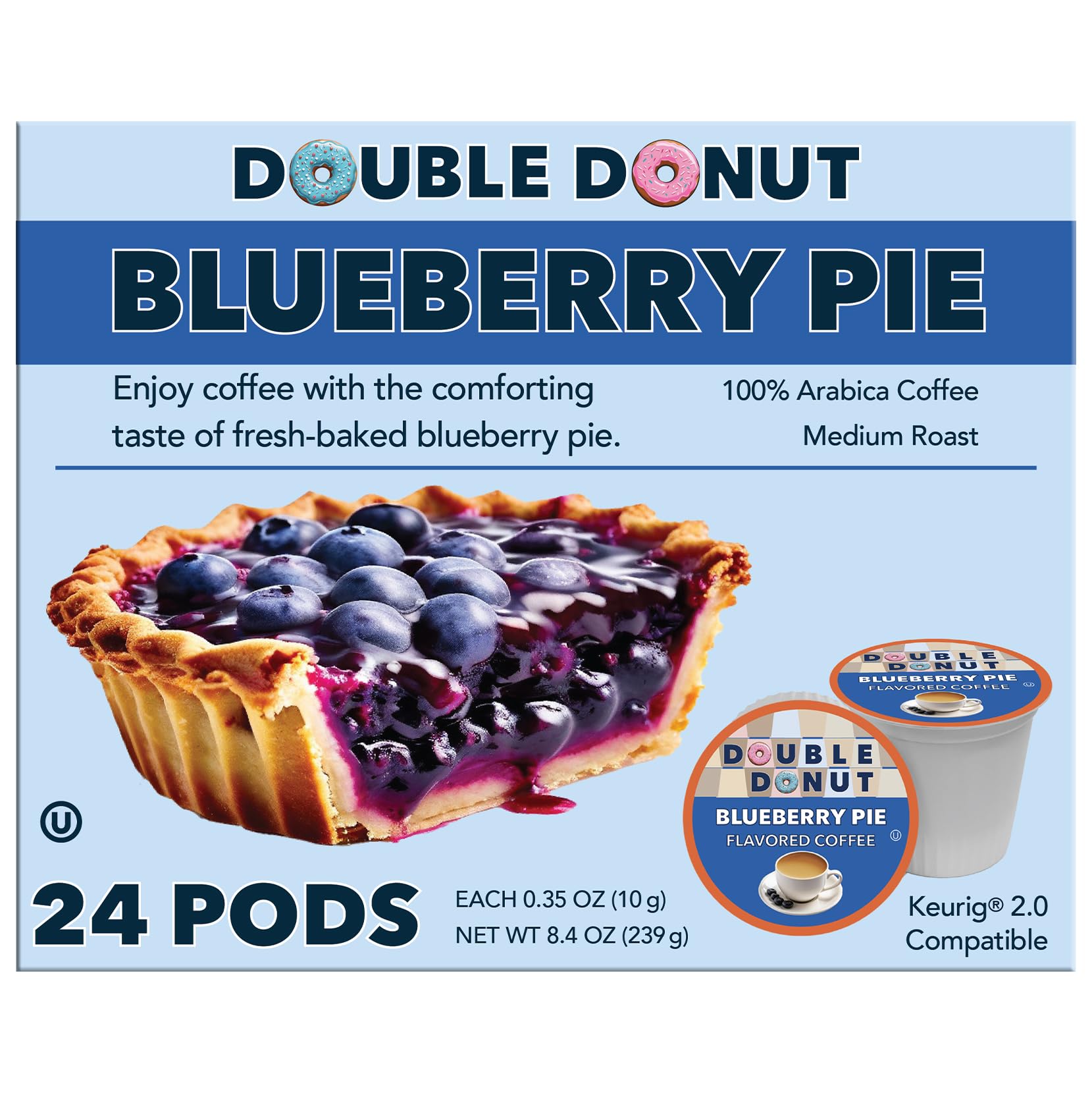 Double Donut & Blueberry Flavored Coffee Pods for Keurig K-Cup Brewers - Medium Roast Single Serve Hot or Iced Coffee - 24 Count Recyclable K-Cups - Perfect for Office, Home & Morning Brews