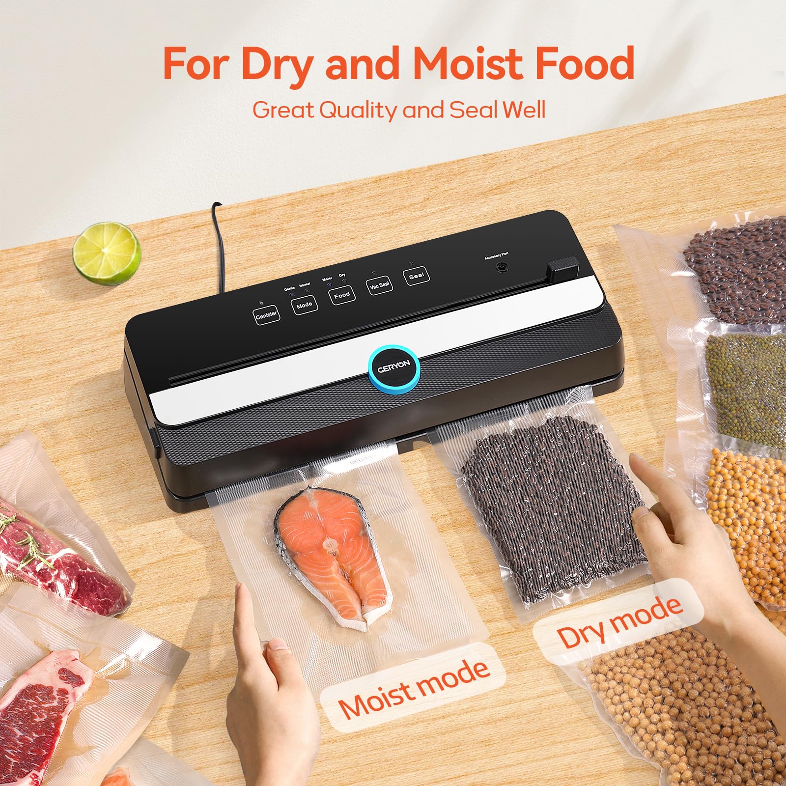 GERYON Automatic Vacuum Sealer Machine for Food Preservation - Compact Design with Built-in Cutter, Starter Kit & LED Lights | Dry & Moist Food Modes | Easy to Clean | Perfect for Meal Prep, Sous Vide & Long-Term Food Storage