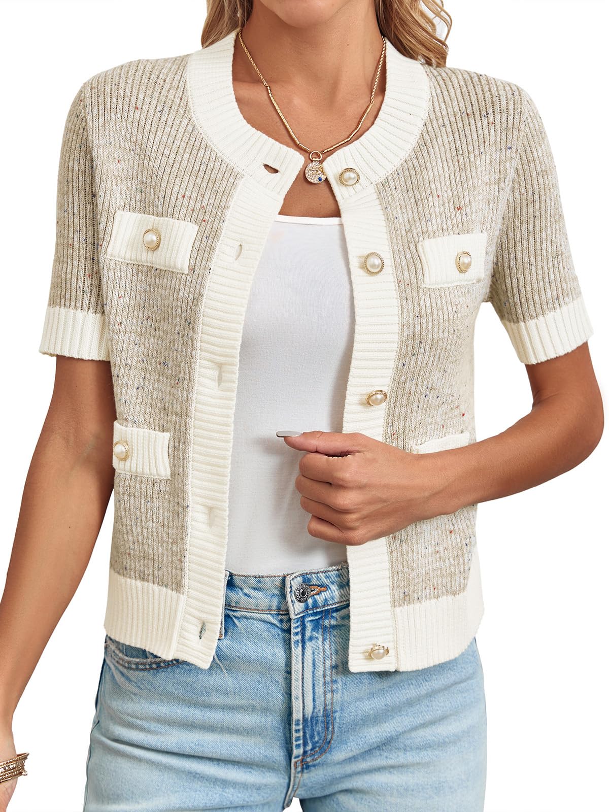 Langwyqu Women's Lightweight Cropped Button Down Cardigan Sweater - Short Sleeve Crew Neck Elegant Top for Casual Wear, Office & Spring Outfits