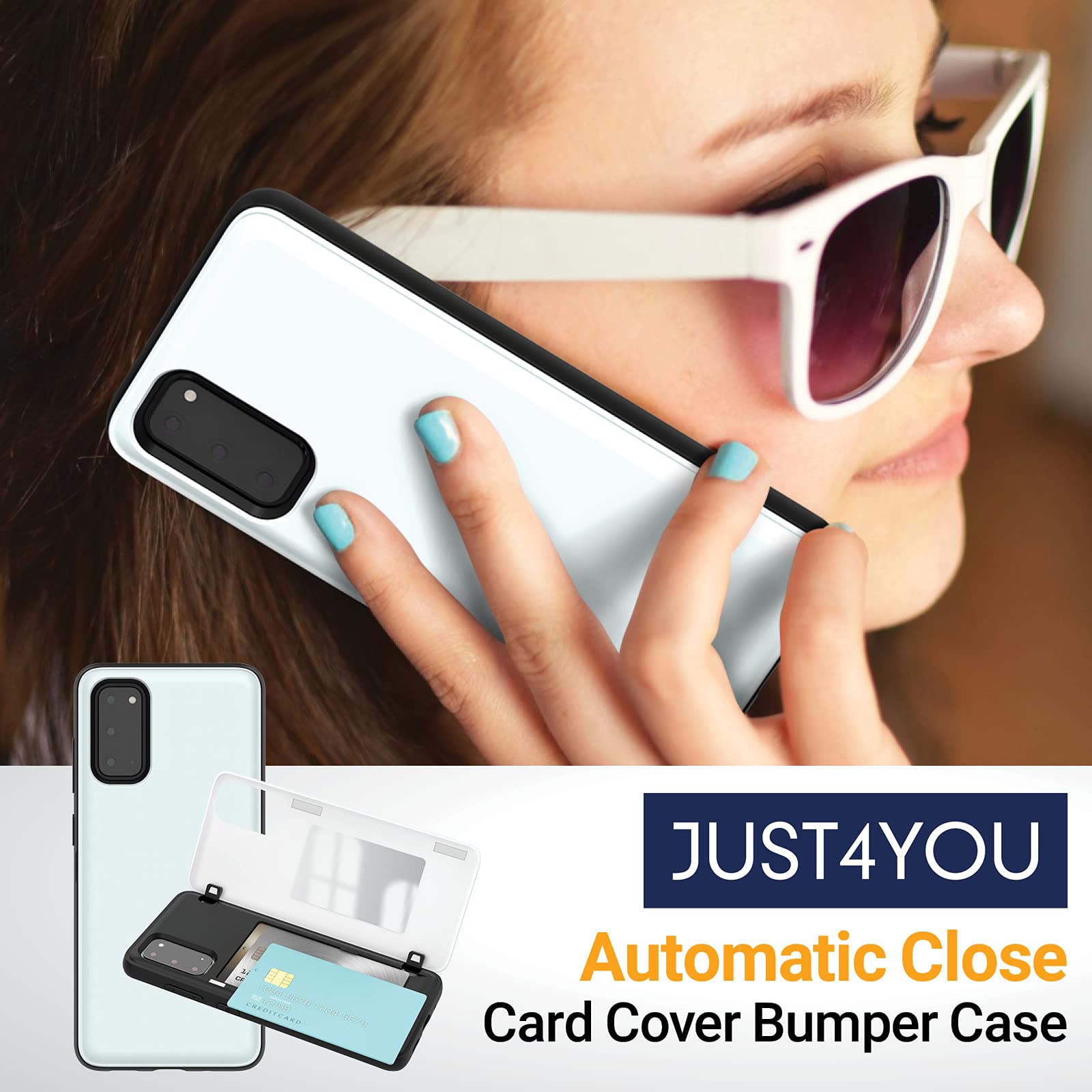 JUST4YOU Galaxy S20 Wallet Case with Card Holder & Auto Magnetic Closure - Hidden Mirror Bumper Cover (White) - Perfect for Work, Travel & Everyday Use