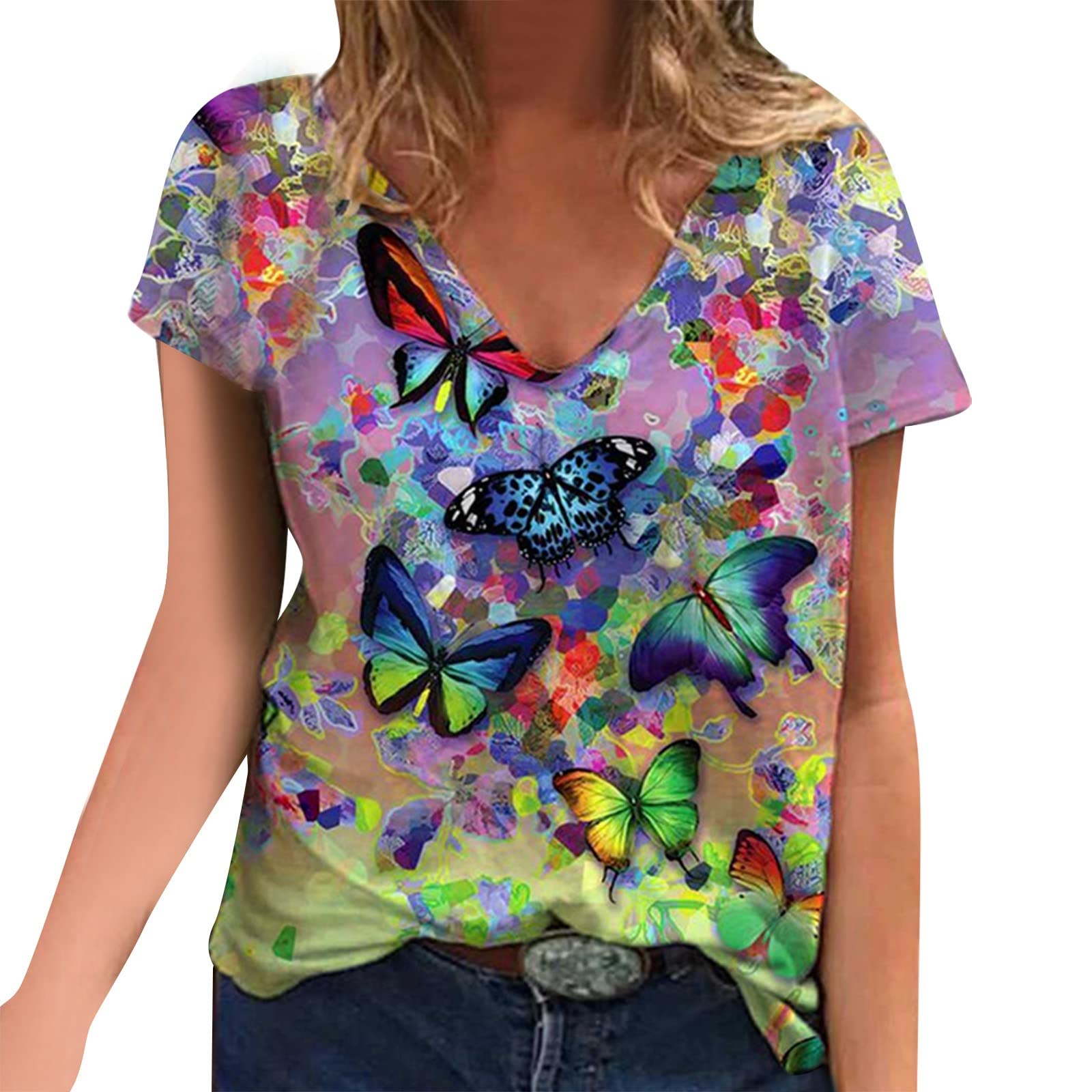 Kaniem Women's Summer V-Neck Short Sleeve Floral T-Shirt - Trendy Casual Loose Fit Graphic Tee for Beach, Vacation & Everyday Wear