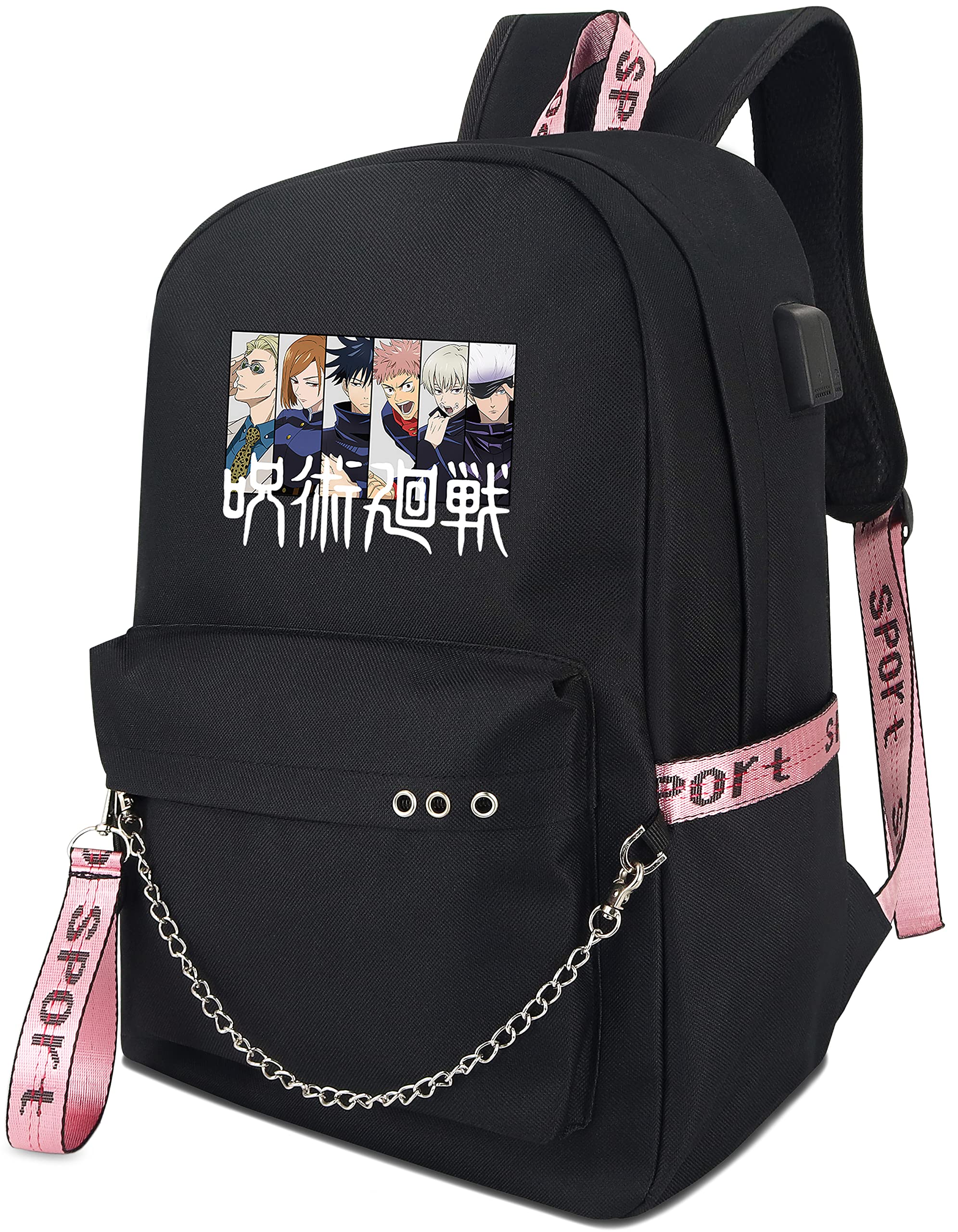 Roffatide Anime Jujutsu Kaisen Backpack - Waterproof Laptop School Bag with USB Charging Port & Headphone Jack - Perfect for College, Travel, and Cosplay