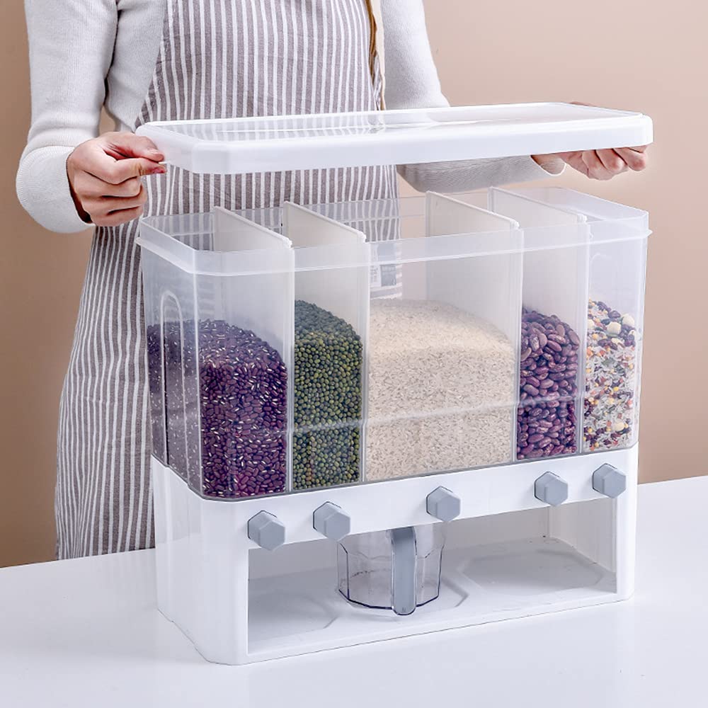 Clear Plastic 5-Grid Cereal Dispenser with Lid - Dry Food Storage Container for Rice, Cereal, Pasta - Perfect for Kitchen Pantry Organization (White)