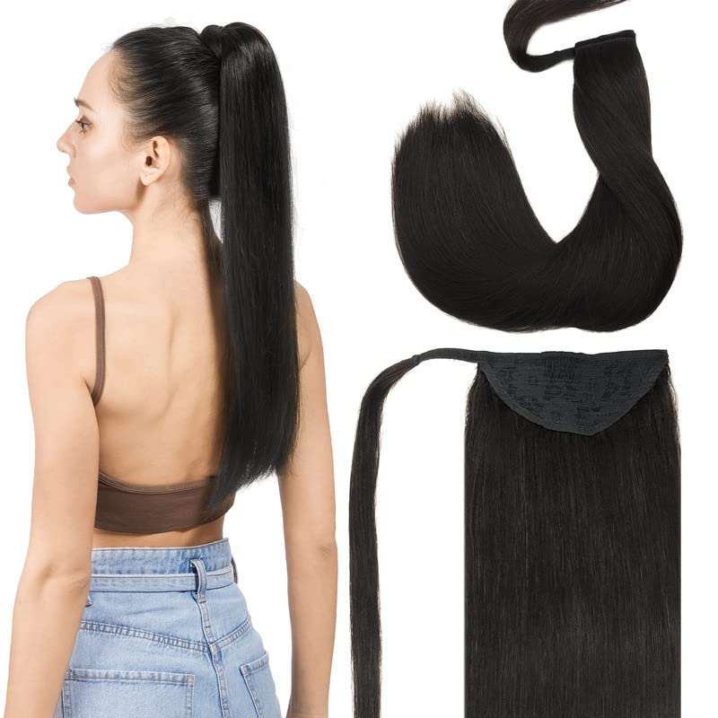 GOO GOO Clip-in Ponytail Extension – 20inch Long Straight Human Hair Wrap Around Ponytail for Women & Girls (Natural Black #1B, 90g) – Perfect for Parties, Weddings & Everyday Styling