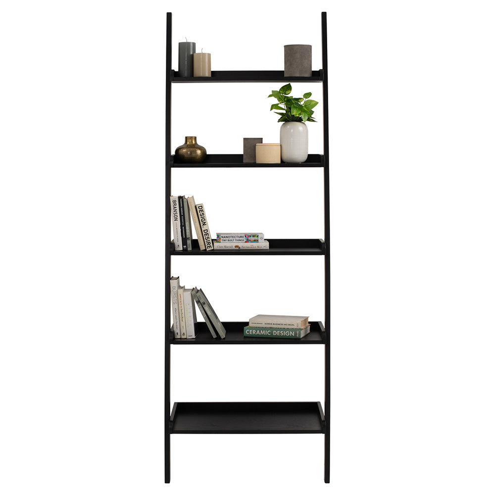 MILT Leaning Bookcase 66cm Black - Modern Ladder Shelf for Living Room, Bedroom & Office Storage