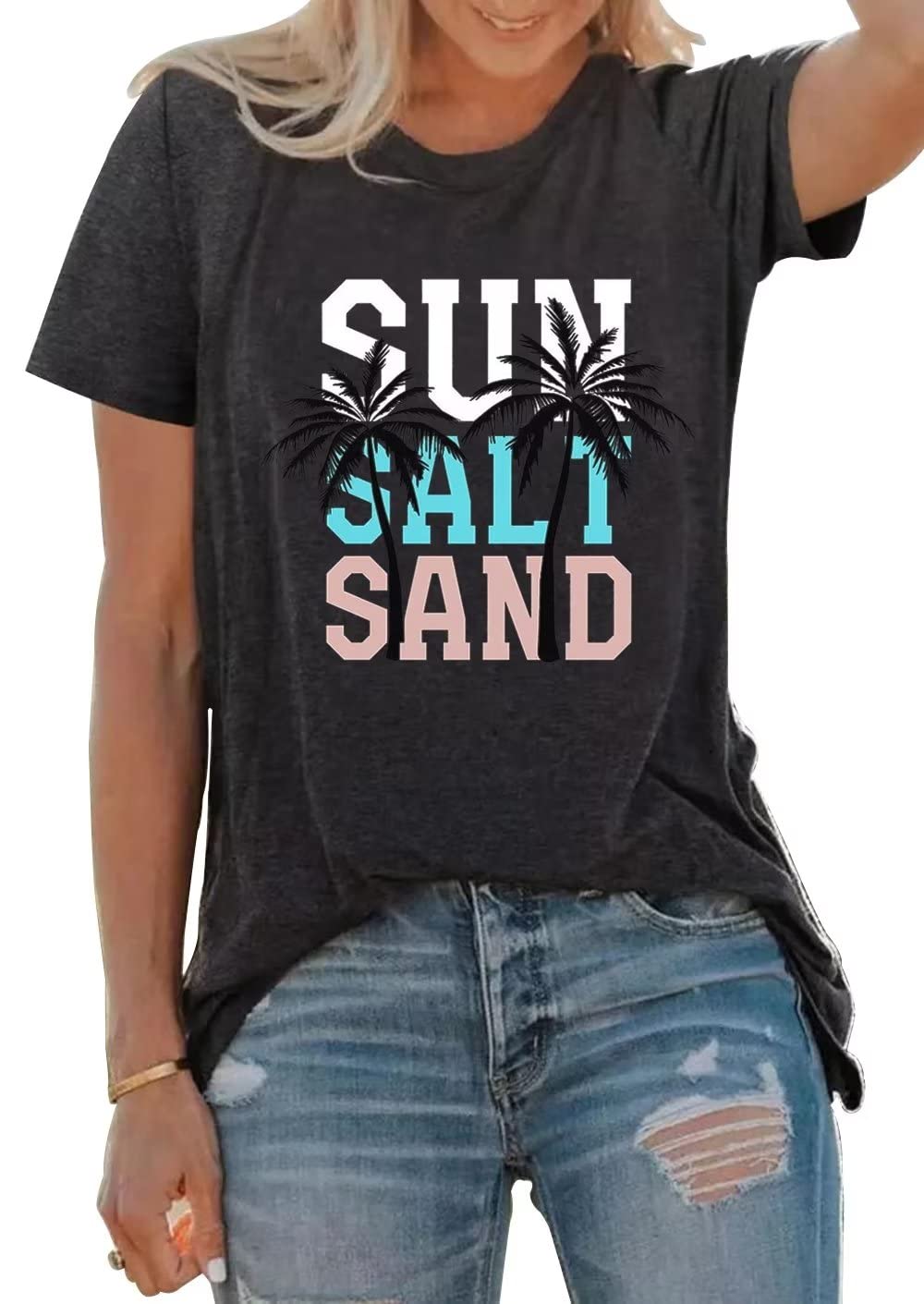 Women's Sun Salt Sand Beach Coconut Tree T-Shirt - Summer Vacation Graphic Tee, Short Sleeve Holiday Top for Family Beach Trips & Tropical Getaways
