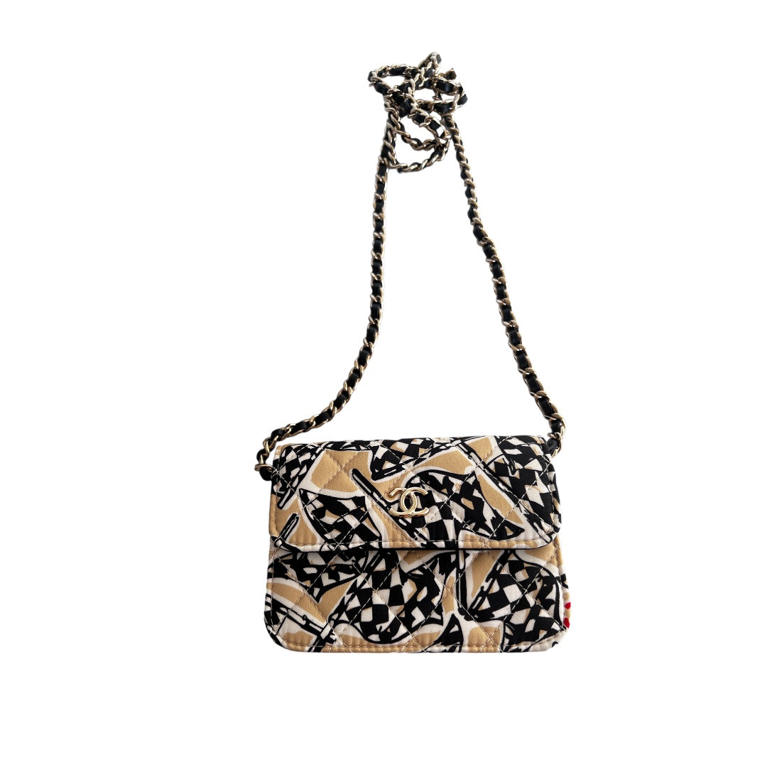 Chanel Earend Checkered Flag Print Mini Chain Shoulder Bag 2022 - Beige, Black & Gold | Luxury Crossbody Purse for Women, Perfect for Parties, Date Nights & Special Occasions