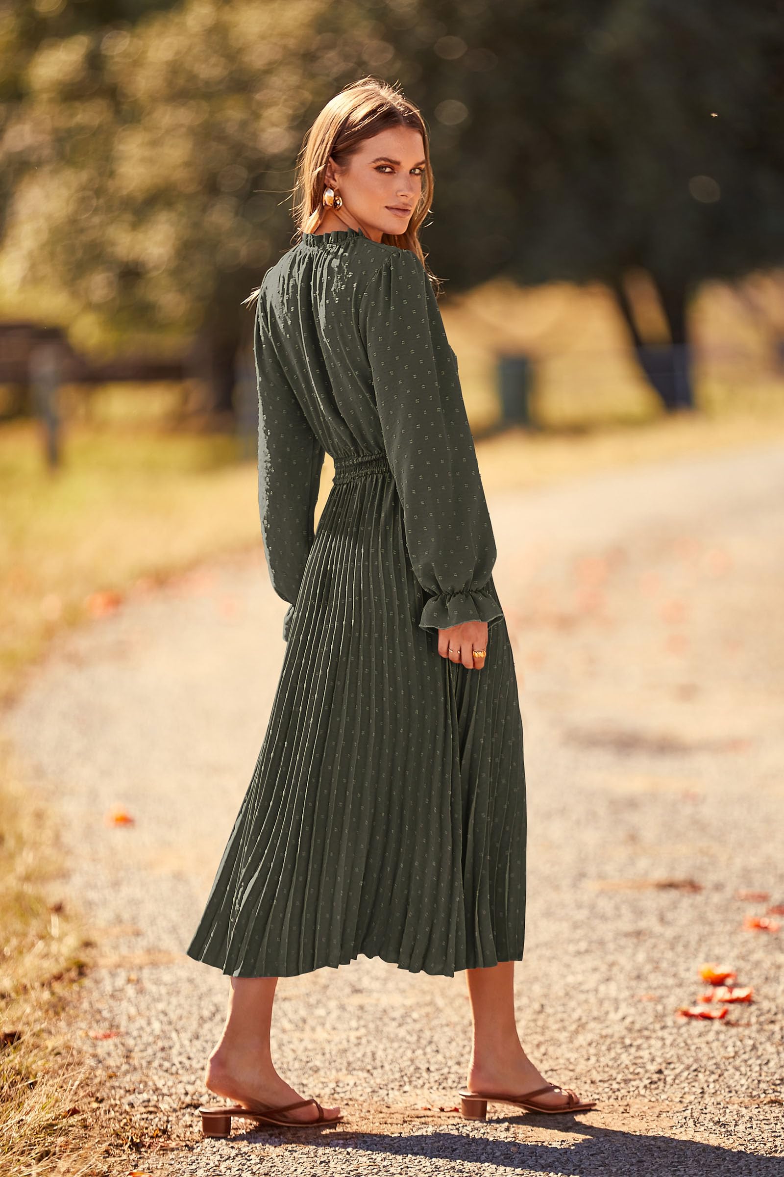 PRETTYGARDEN Women's 2025 Spring Fall Midi Dress - Casual Long Sleeve V-Neck Swiss Dot Pleated A-Line Flowy Dress for Work, Date Night & Special Occasions