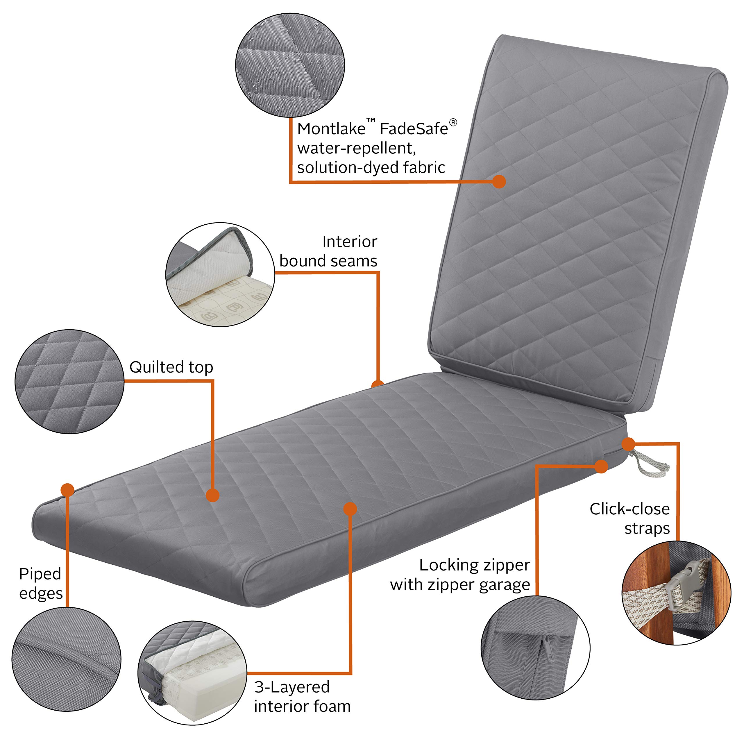 Classic Accessories Montlake 72x21 Quilted Grey Outdoor Chaise Lounge Cushion - FadeSafe, Water-Repellent, Durable Patio Furniture Cover for Poolside & Garden Relaxation