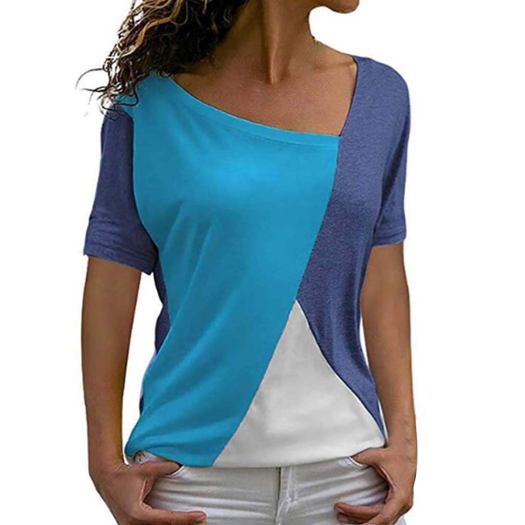 Women's Short Sleeve V-Neck T-Shirts - Basic Patchwork Color Blouse for Casual Wear & Summer Outfits | Comfortable Tee Tops for Work, Travel & Everyday Fashion