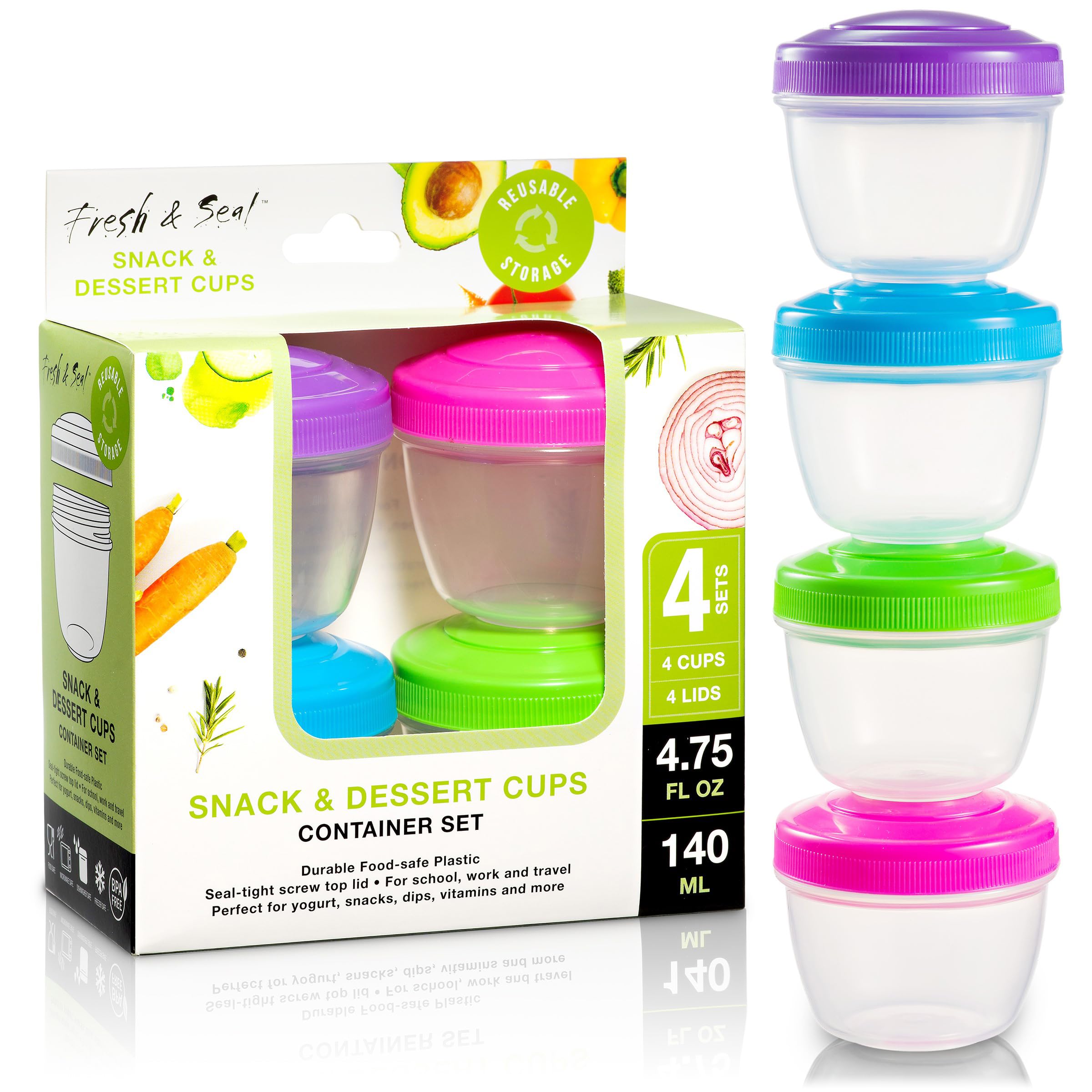 MosJos 4-Piece Snack Containers Set - 4.75 Oz Small Food Storage Cups with Lids - Perfect for Fruits, Nuts, Sauces, Condiments & Salads - BPA-Free Lunch Box Containers in Bright Colors - Ideal for Meal Prep, School Lunches & On-the-Go Snacks