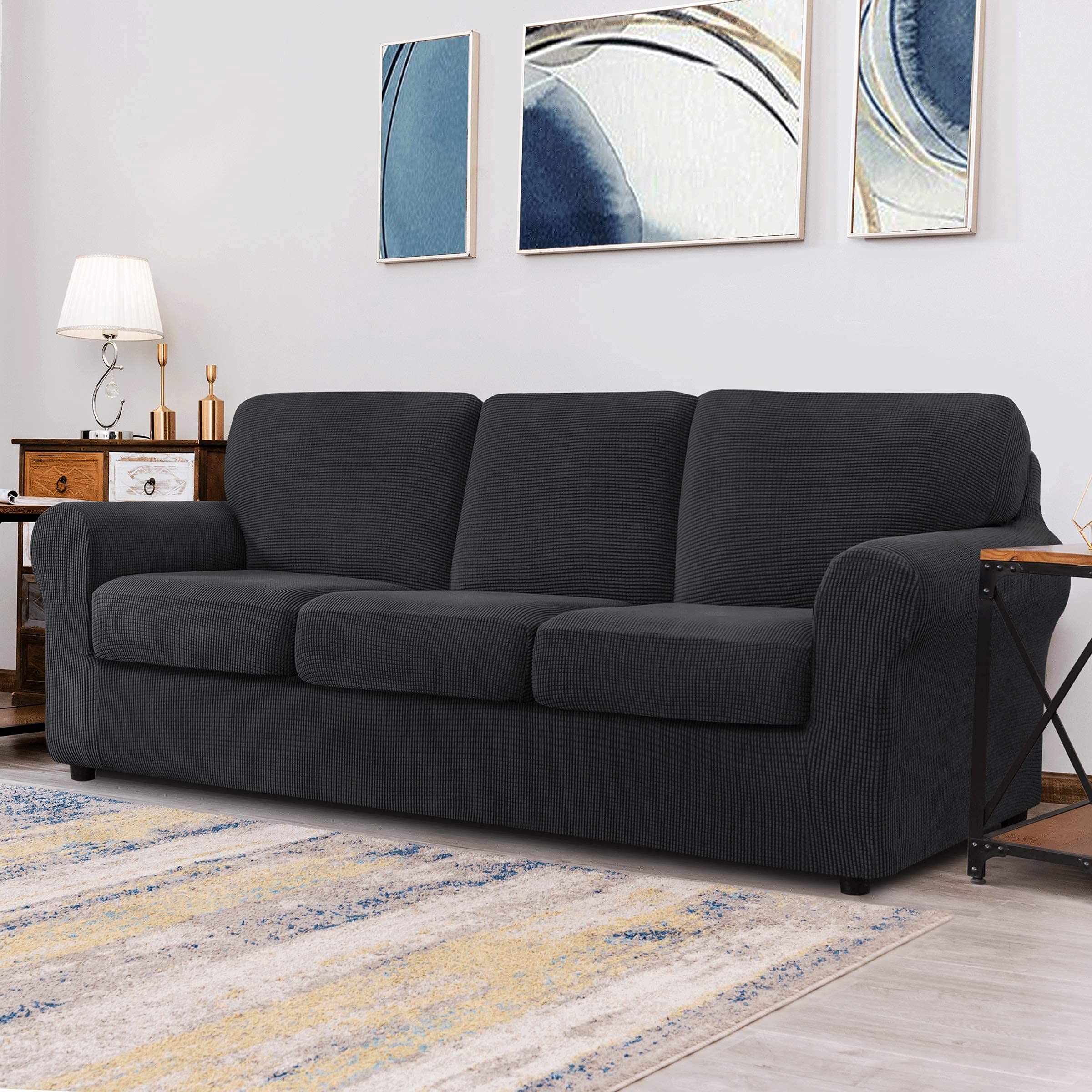 CHUN YI Loveseat Sofa Cover Set - Large Couch Slipcover with Detachable Backrest & Cushions, Stretch Jacquard Fabric in Gray Check Pattern - Perfect for Living Room, Bedroom, or Home Office Furniture Protection
