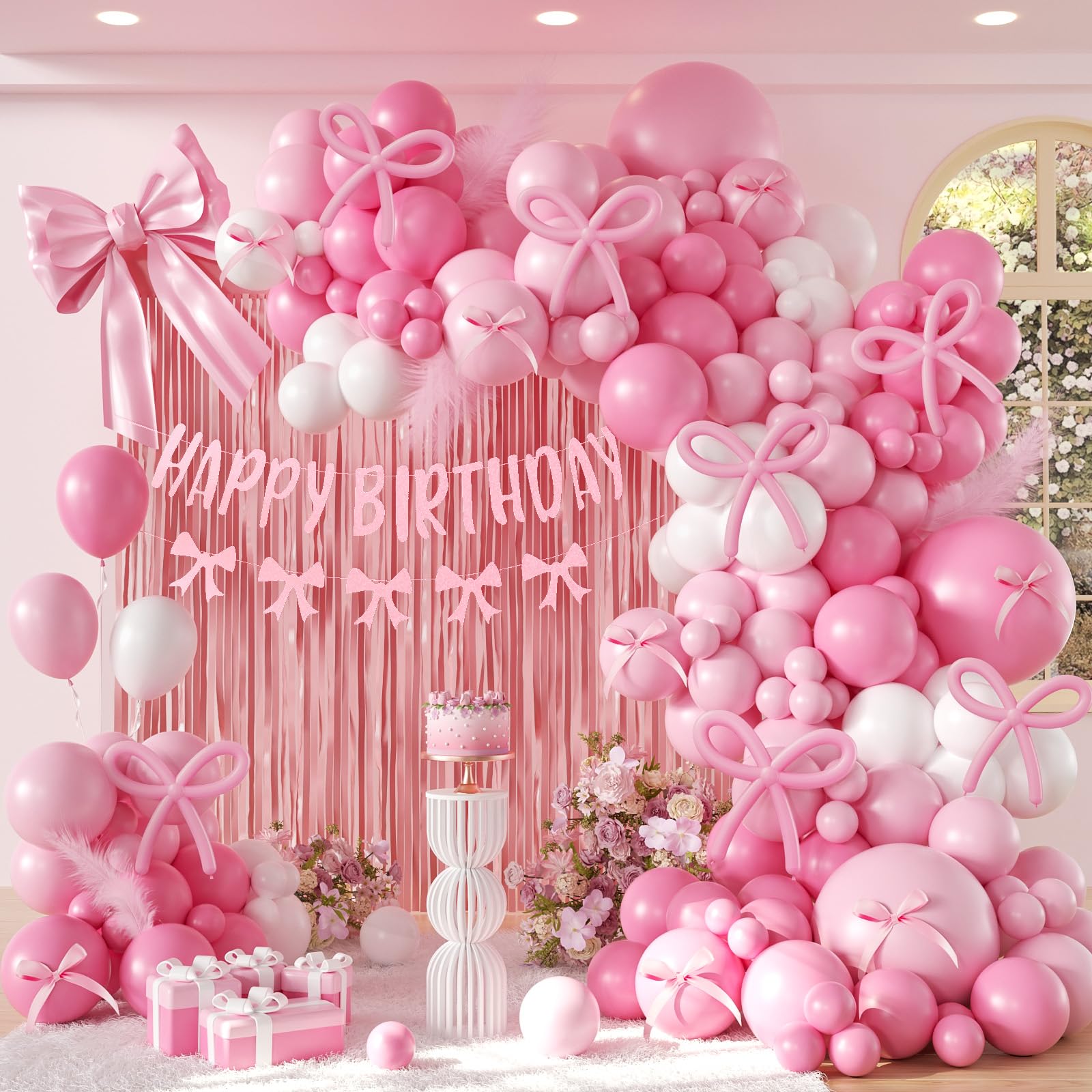 Elegant Coquette Pink Birthday Decorations for Adults & Women - White & Light Pink Long Balloons, Bow Banner, Fringe Curtains - Perfect for Bow Parties, Birthday Celebrations & Girly Events